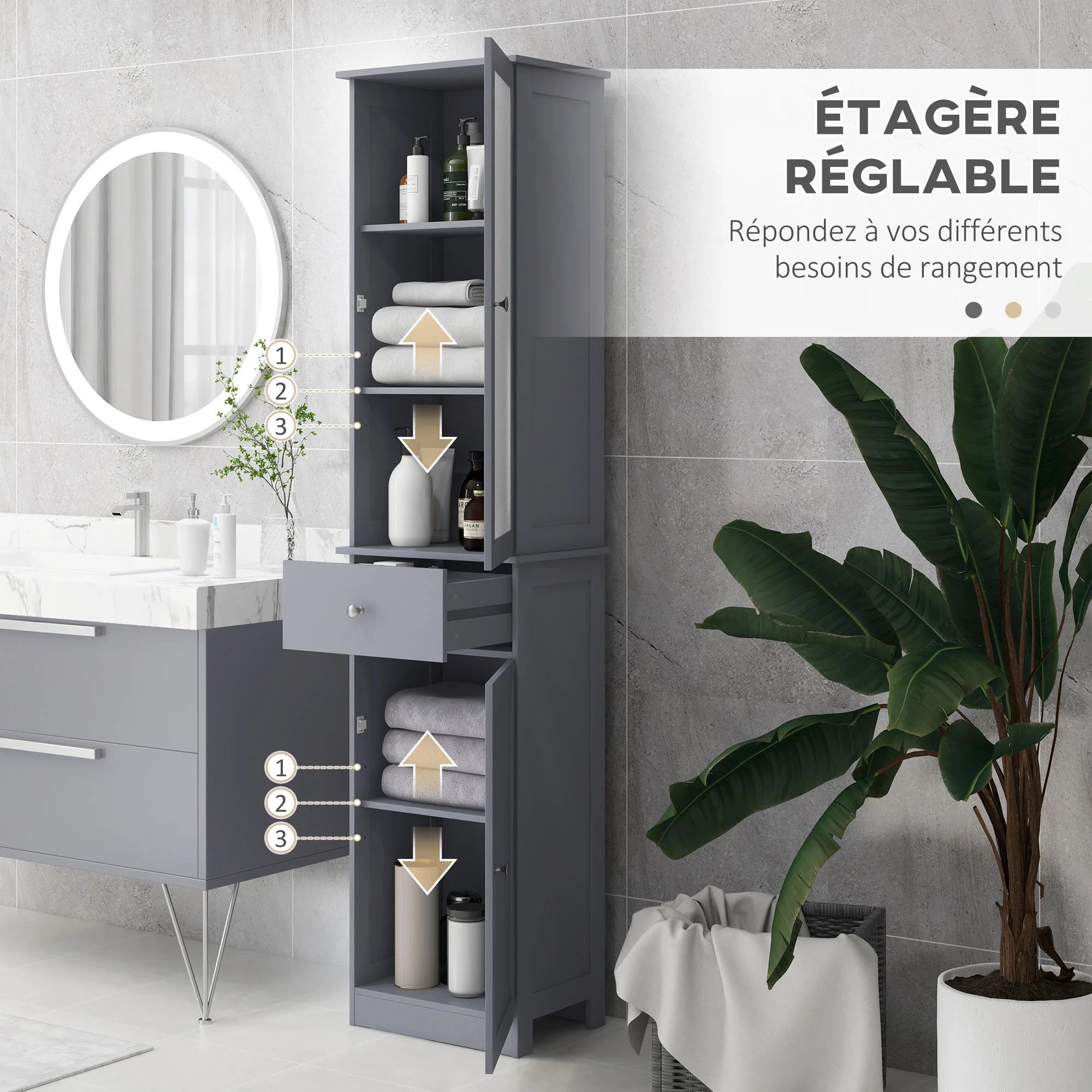 Meuble Colonne de Salle de Bain Placard Porte Acrylique 2 étagères Placard Porte 1 étagère tiroir MDF Gris - Image 7