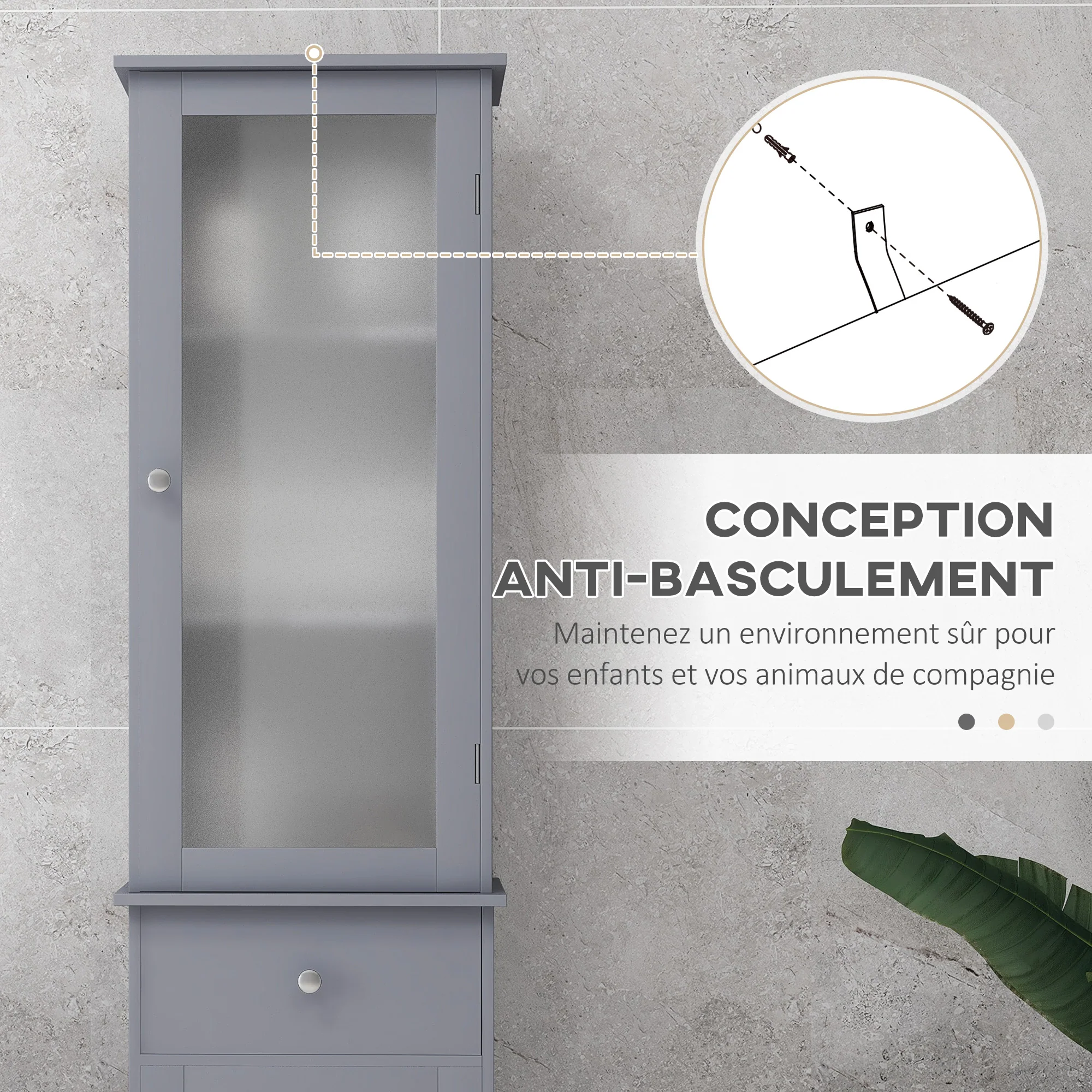 Meuble Colonne de Salle de Bain Placard Porte Acrylique 2 étagères Placard Porte 1 étagère tiroir MDF Gris - Image 8