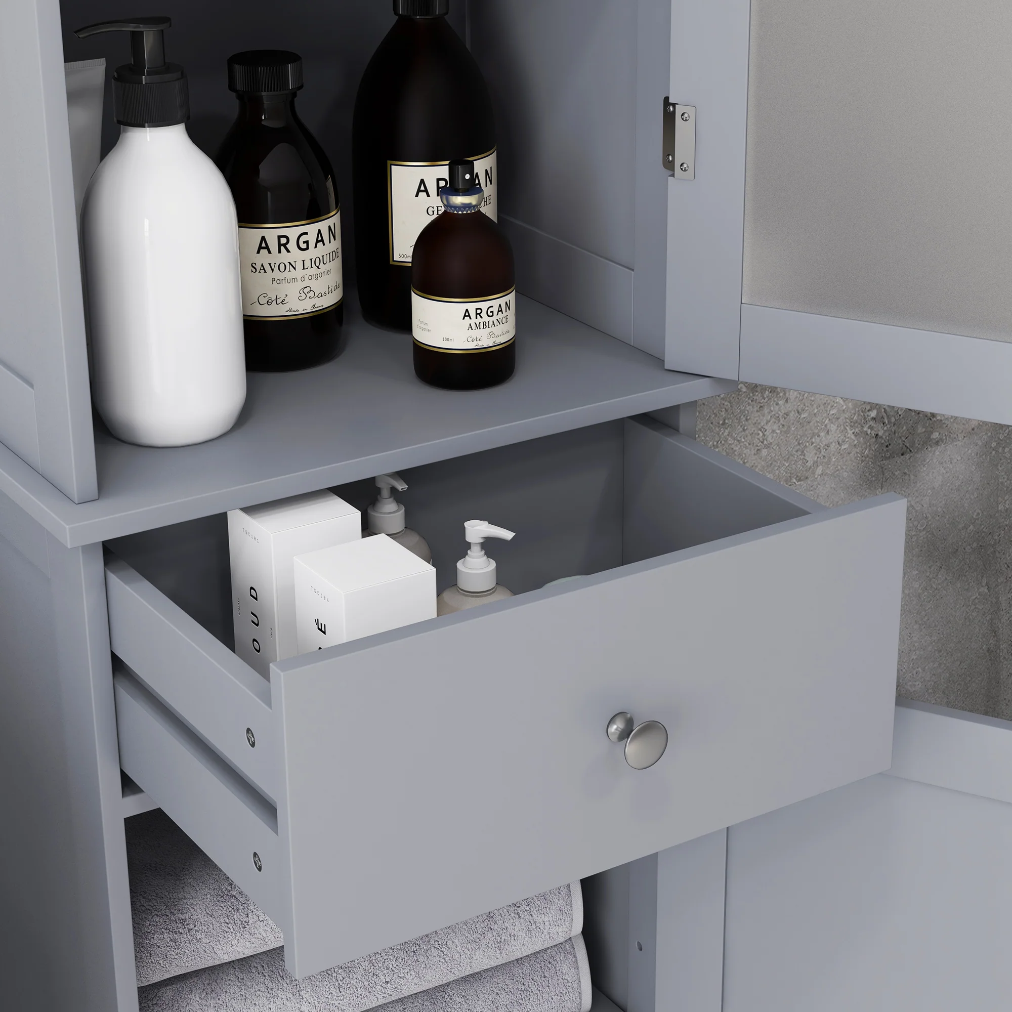 Meuble Colonne de Salle de Bain Placard Porte Acrylique 2 étagères Placard Porte 1 étagère tiroir MDF Gris - Image 9