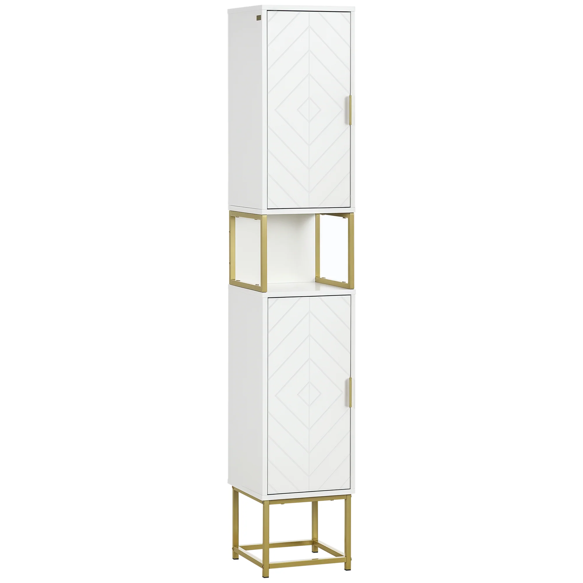 Meuble colonne rangement salle de bain avec niche et 2 placards étagère réglable pieds en acier doré dim. 30L x 30l x 170,7H cm blanc - Image 11