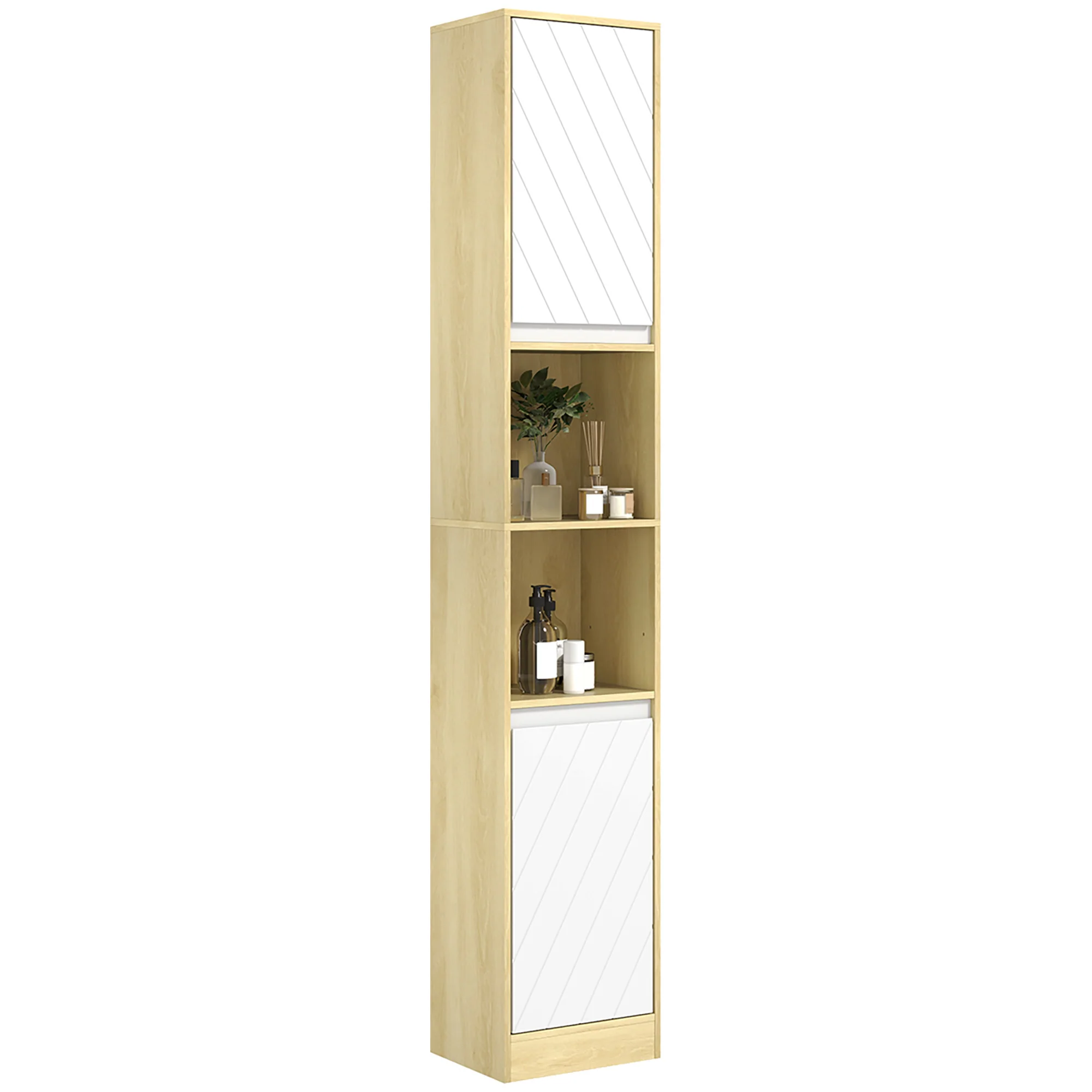Meuble colonne rangement salle de bain style cosy 30 x 24 x 170 cm 2 portes étagère 2 niches chêne clair blanc - Image 11