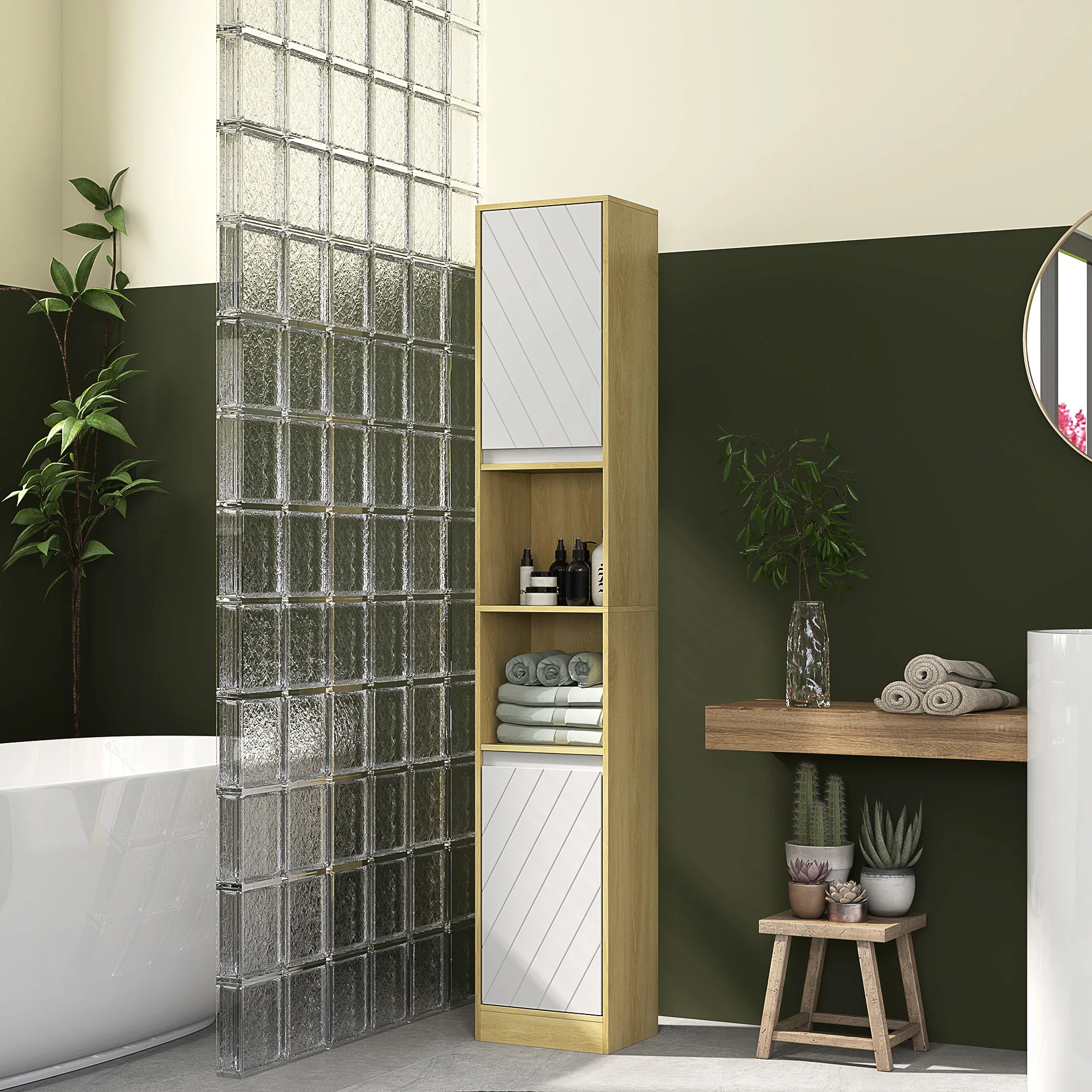 Meuble colonne rangement salle de bain style cosy 30 x 24 x 170 cm 2 portes étagère 2 niches chêne clair blanc - Image 3