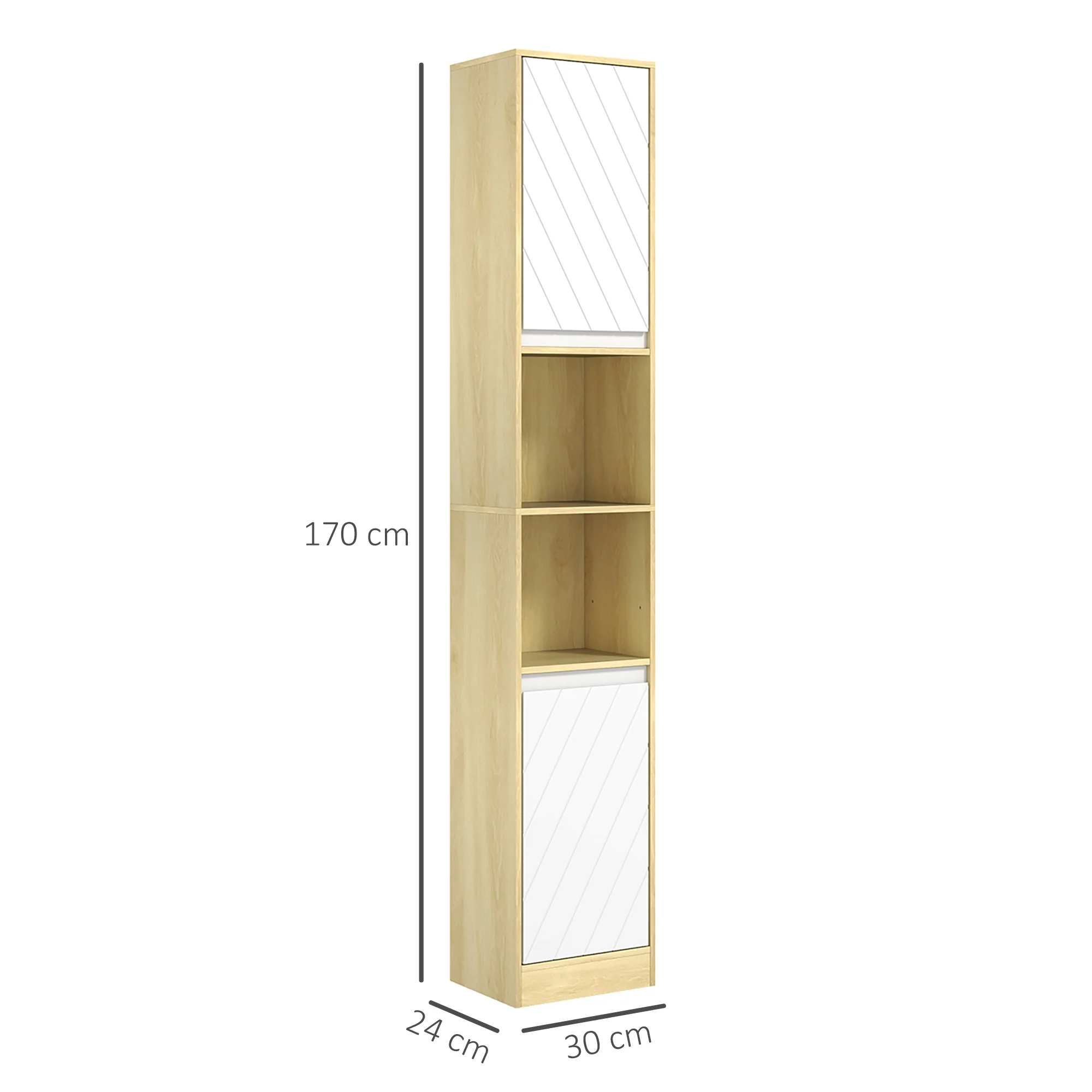 Meuble colonne rangement salle de bain style cosy 30 x 24 x 170 cm 2 portes étagère 2 niches chêne clair blanc - Image 4