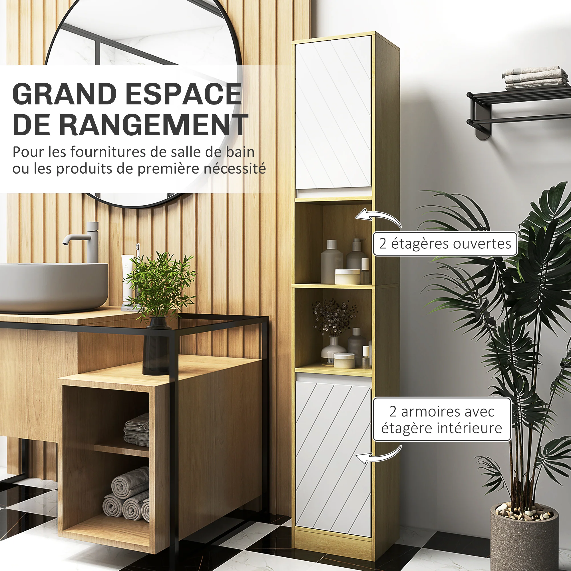 Meuble colonne rangement salle de bain style cosy 30 x 24 x 170 cm 2 portes étagère 2 niches chêne clair blanc - Image 5