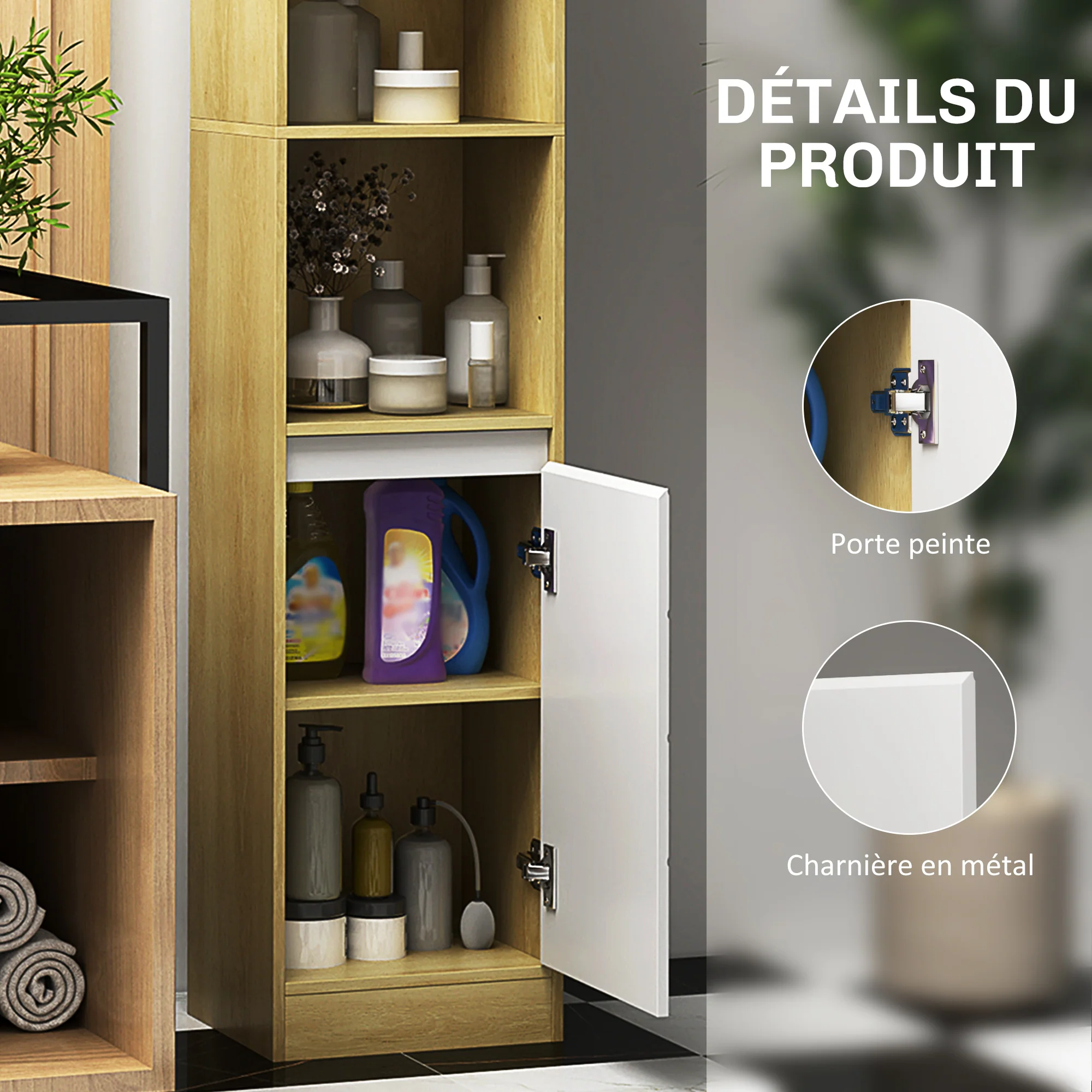 Meuble colonne rangement salle de bain style cosy 30 x 24 x 170 cm 2 portes étagère 2 niches chêne clair blanc - Image 6