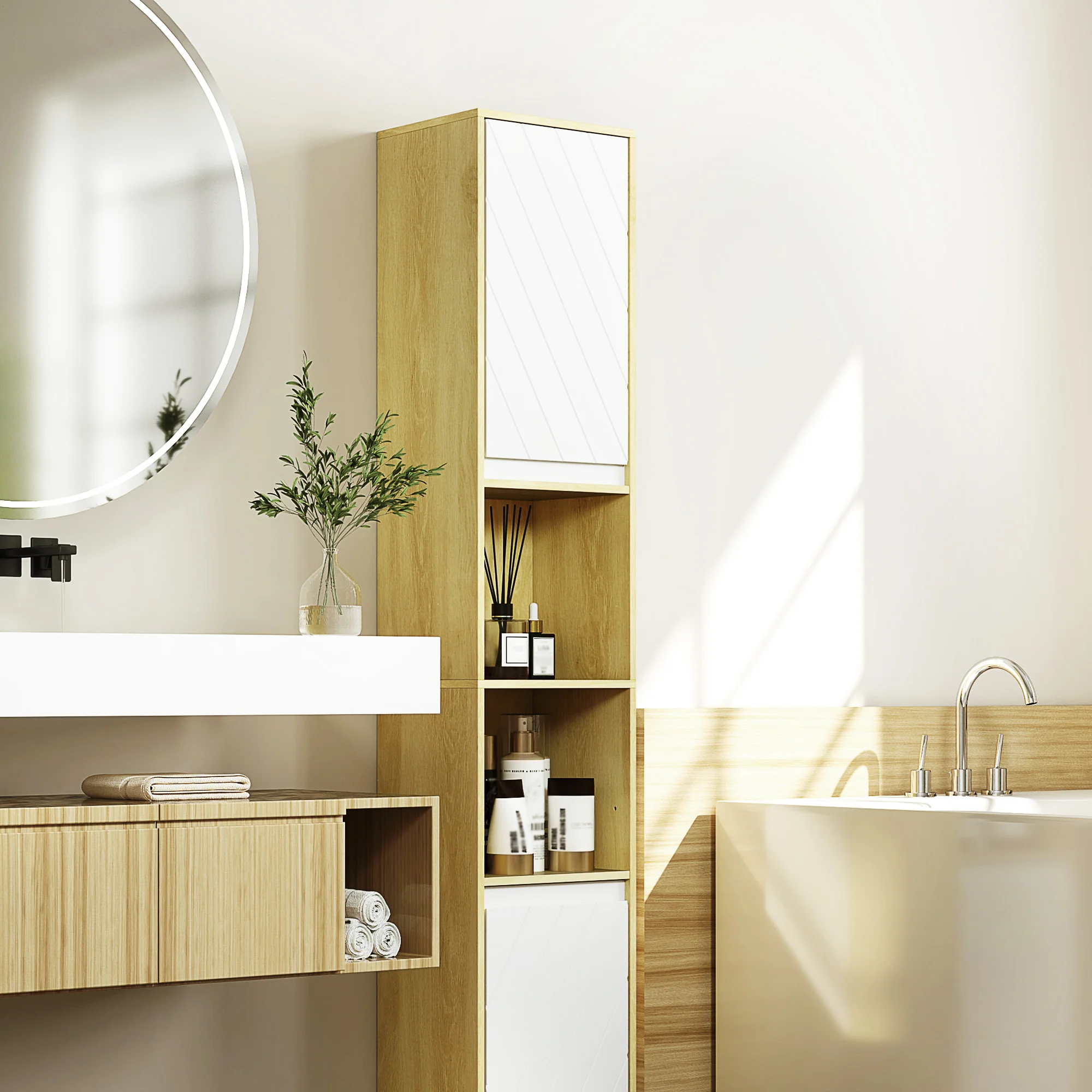 Meuble colonne rangement salle de bain style cosy 30 x 24 x 170 cm 2 portes étagère 2 niches chêne clair blanc - Image 9