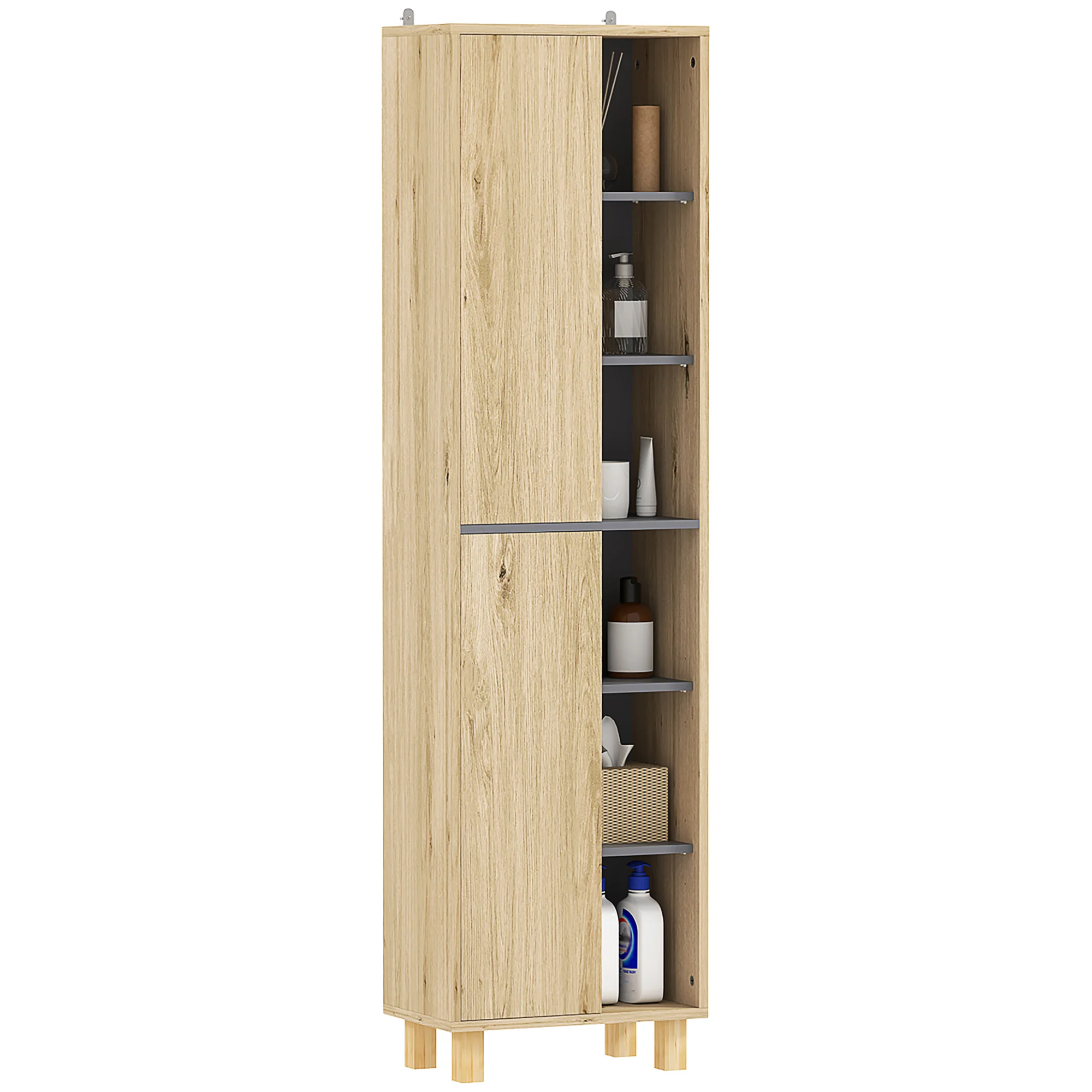 Meuble colonne salle de bain, armoire de salle de bain avec 6 compartiments ouverts et 2 placards, dim. 40l x 24P x 148H cm, bois naturel - Image 11