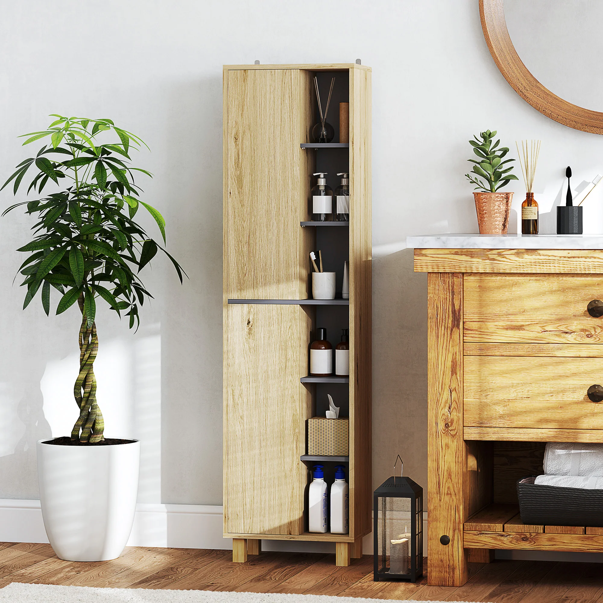 Meuble colonne salle de bain, armoire de salle de bain avec 6 compartiments ouverts et 2 placards, dim. 40l x 24P x 148H cm, bois naturel - Image 3