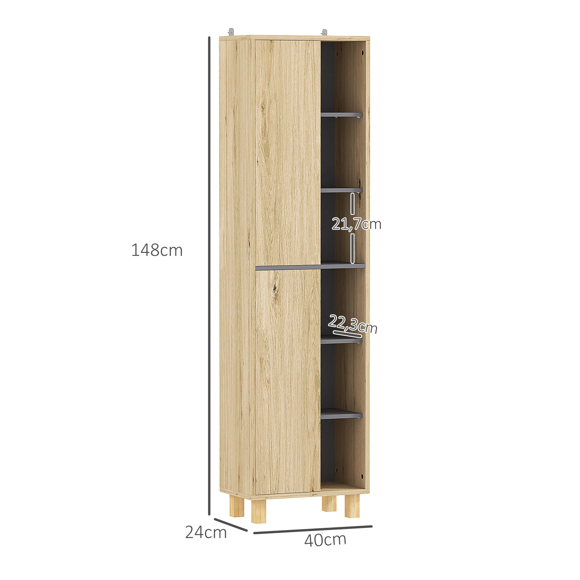 Meuble colonne salle de bain, armoire de salle de bain avec 6 compartiments ouverts et 2 placards, dim. 40l x 24P x 148H cm, bois naturel - Image 4