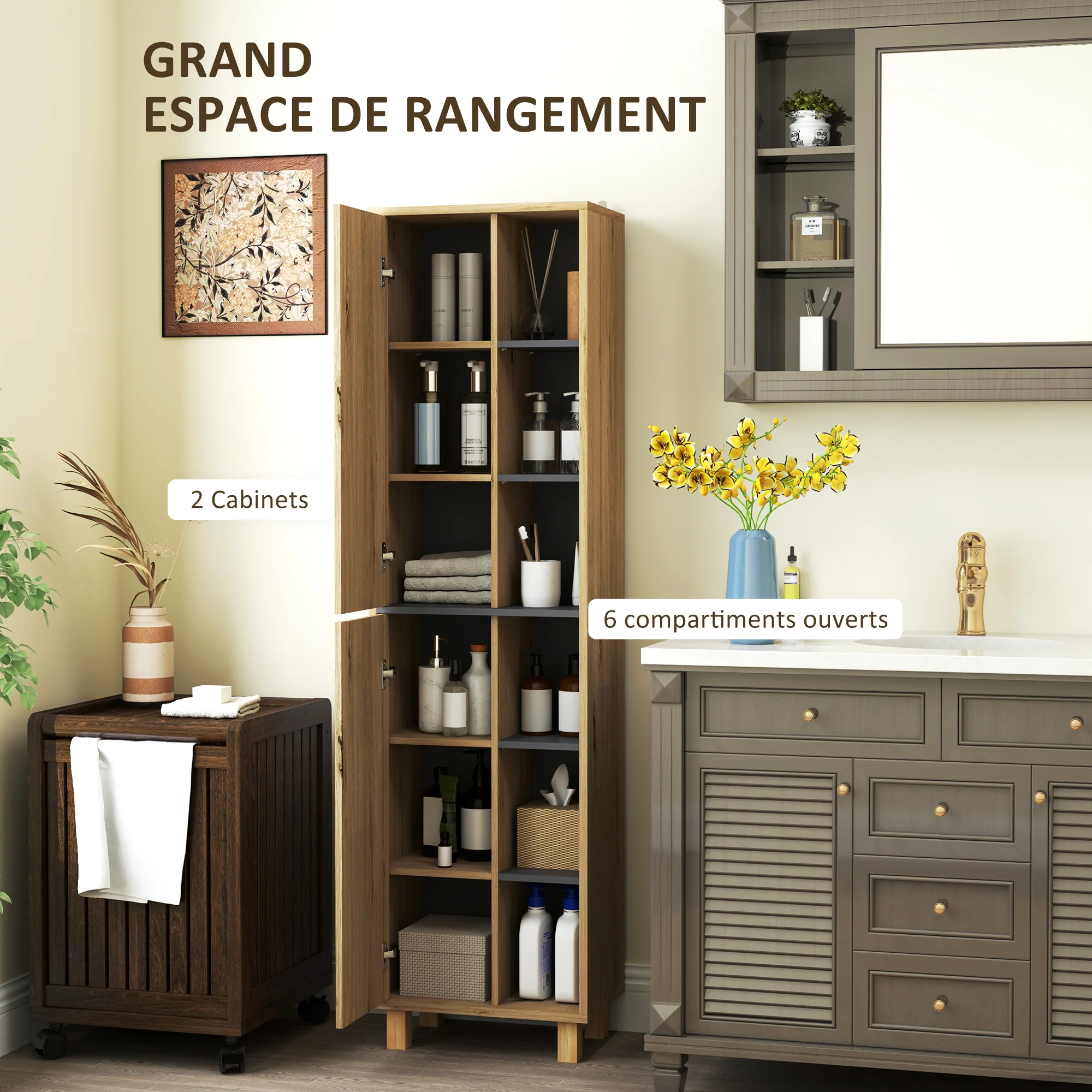 Meuble colonne salle de bain, armoire de salle de bain avec 6 compartiments ouverts et 2 placards, dim. 40l x 24P x 148H cm, bois naturel - Image 5