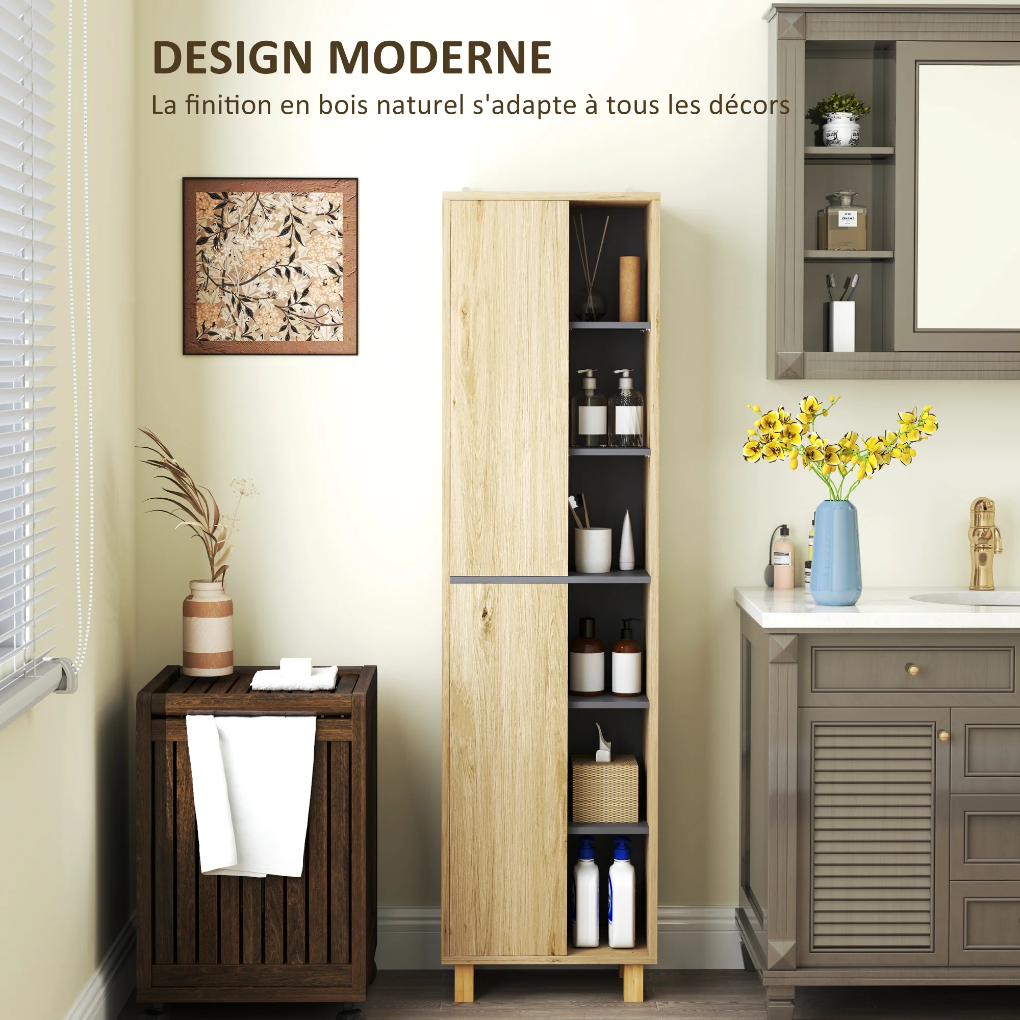 Meuble colonne salle de bain, armoire de salle de bain avec 6 compartiments ouverts et 2 placards, dim. 40l x 24P x 148H cm, bois naturel - Image 6