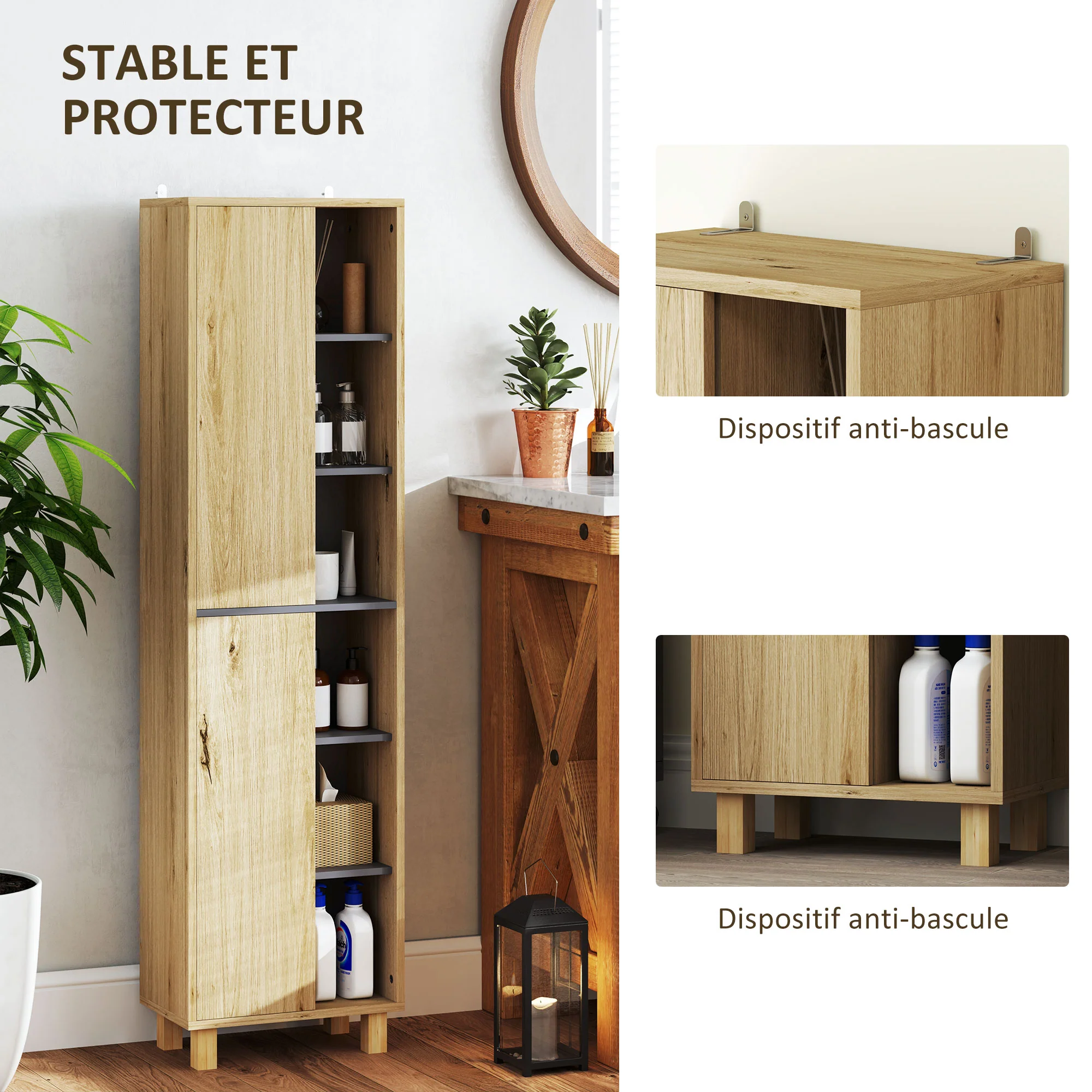 Meuble colonne salle de bain, armoire de salle de bain avec 6 compartiments ouverts et 2 placards, dim. 40l x 24P x 148H cm, bois naturel - Image 7