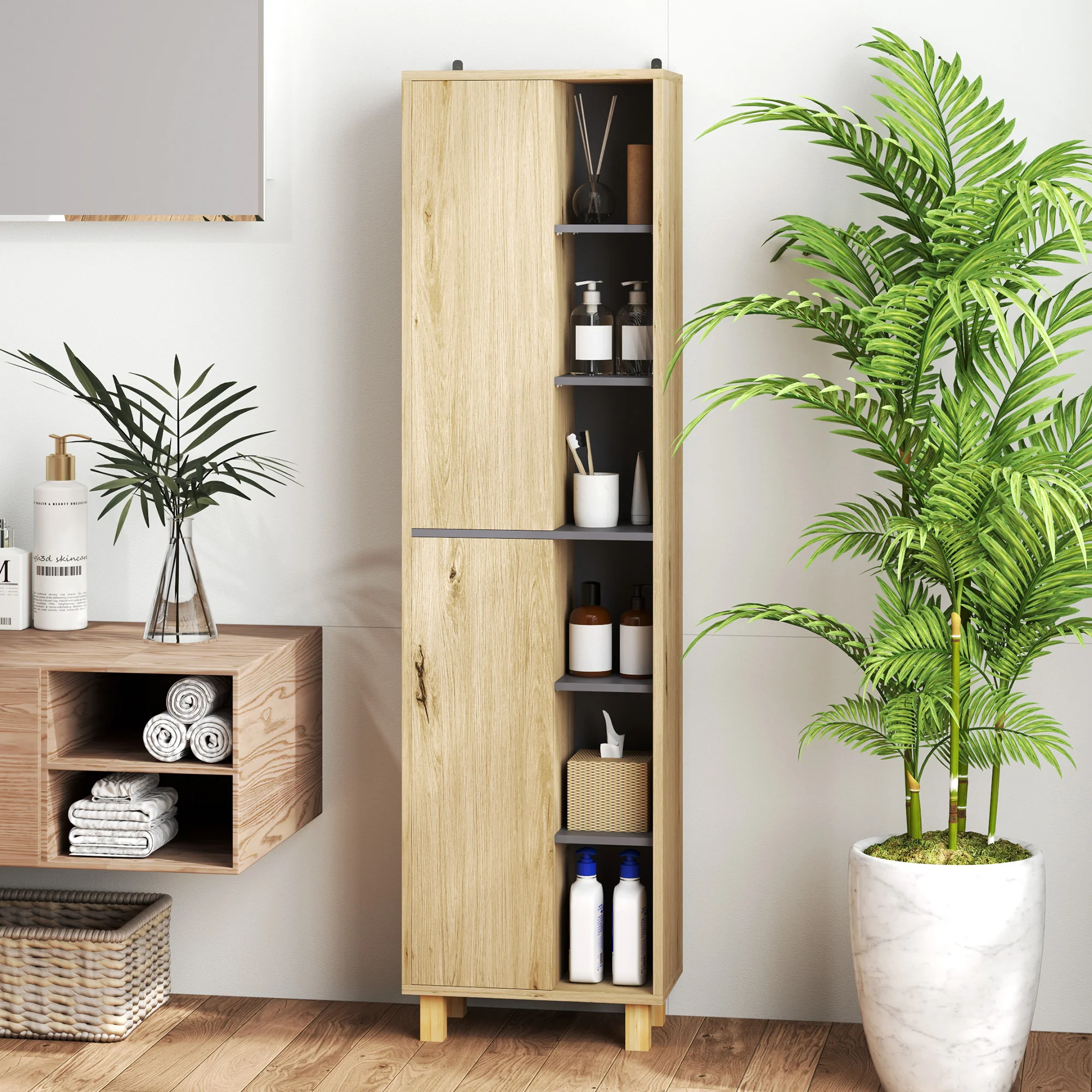 Meuble colonne salle de bain, armoire de salle de bain avec 6 compartiments ouverts et 2 placards, dim. 40l x 24P x 148H cm, bois naturel - Image 8