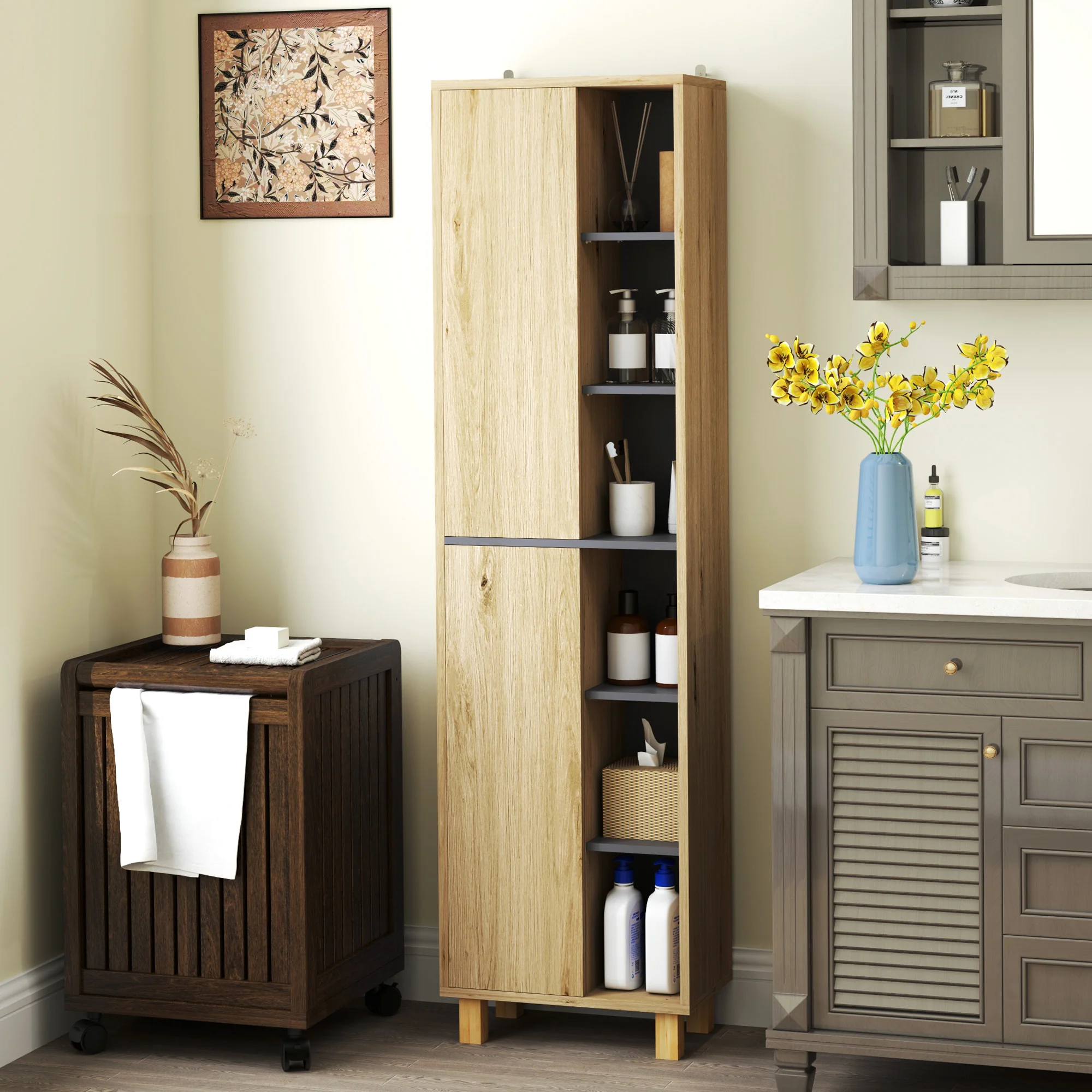 Meuble colonne salle de bain, armoire de salle de bain avec 6 compartiments ouverts et 2 placards, dim. 40l x 24P x 148H cm, bois naturel - Image 9