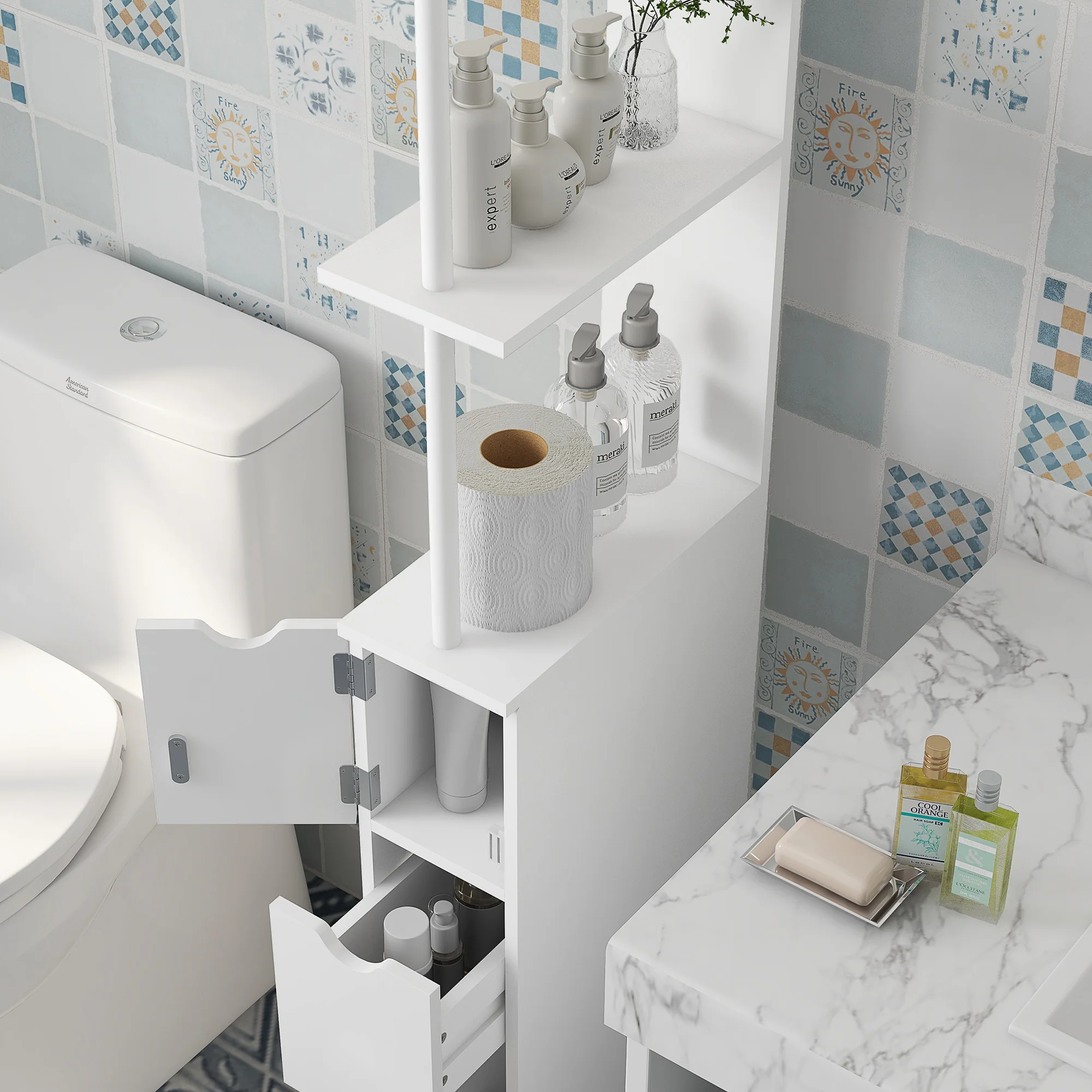 Meuble colonne salle de bain, armoire de salle de bain, avec tiroirs, étagères ouvertes, placard, 15 x 33 x 136,5 cm, blanc - Image 10