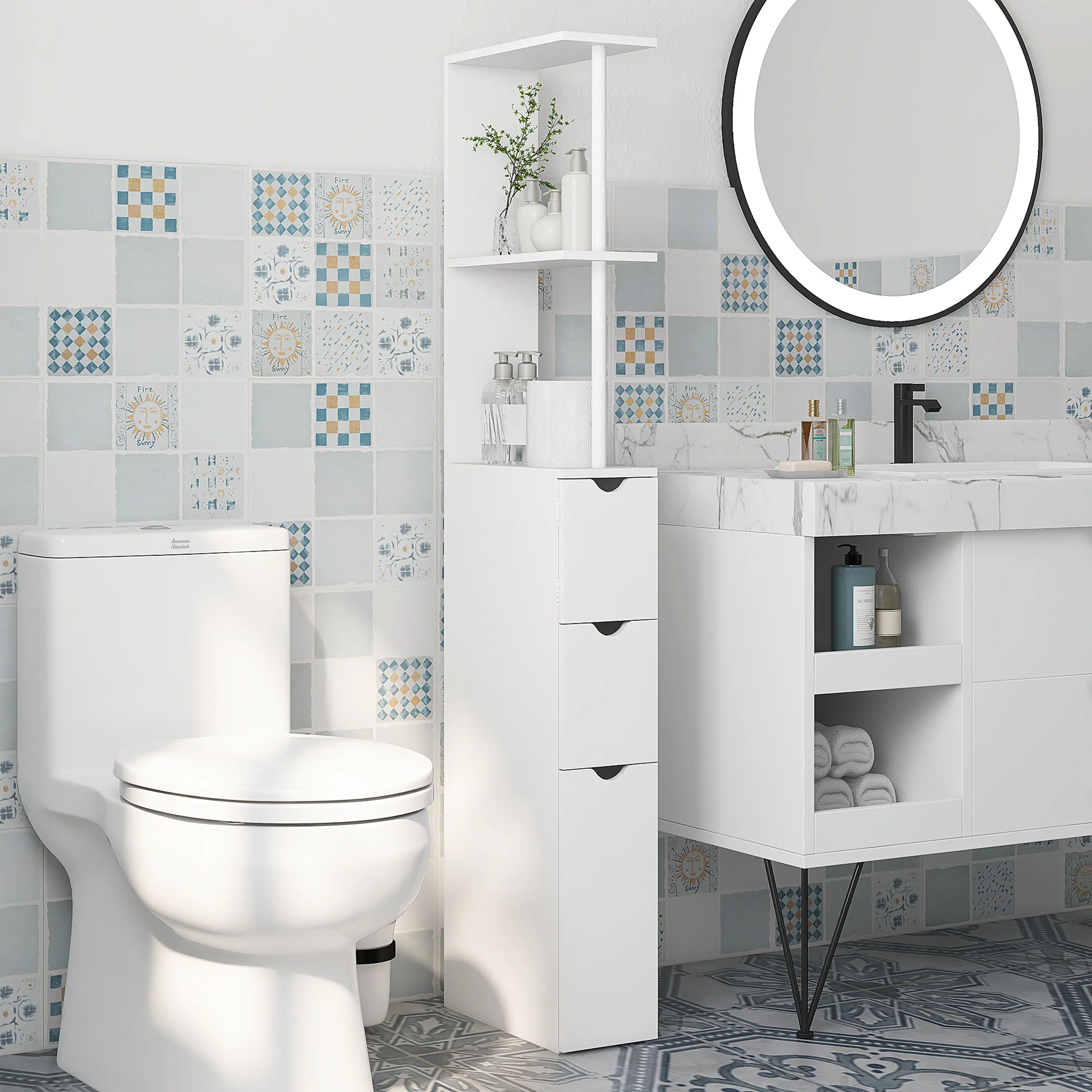 Meuble colonne salle de bain, armoire de salle de bain, avec tiroirs, étagères ouvertes, placard, 15 x 33 x 136,5 cm, blanc - Image 3