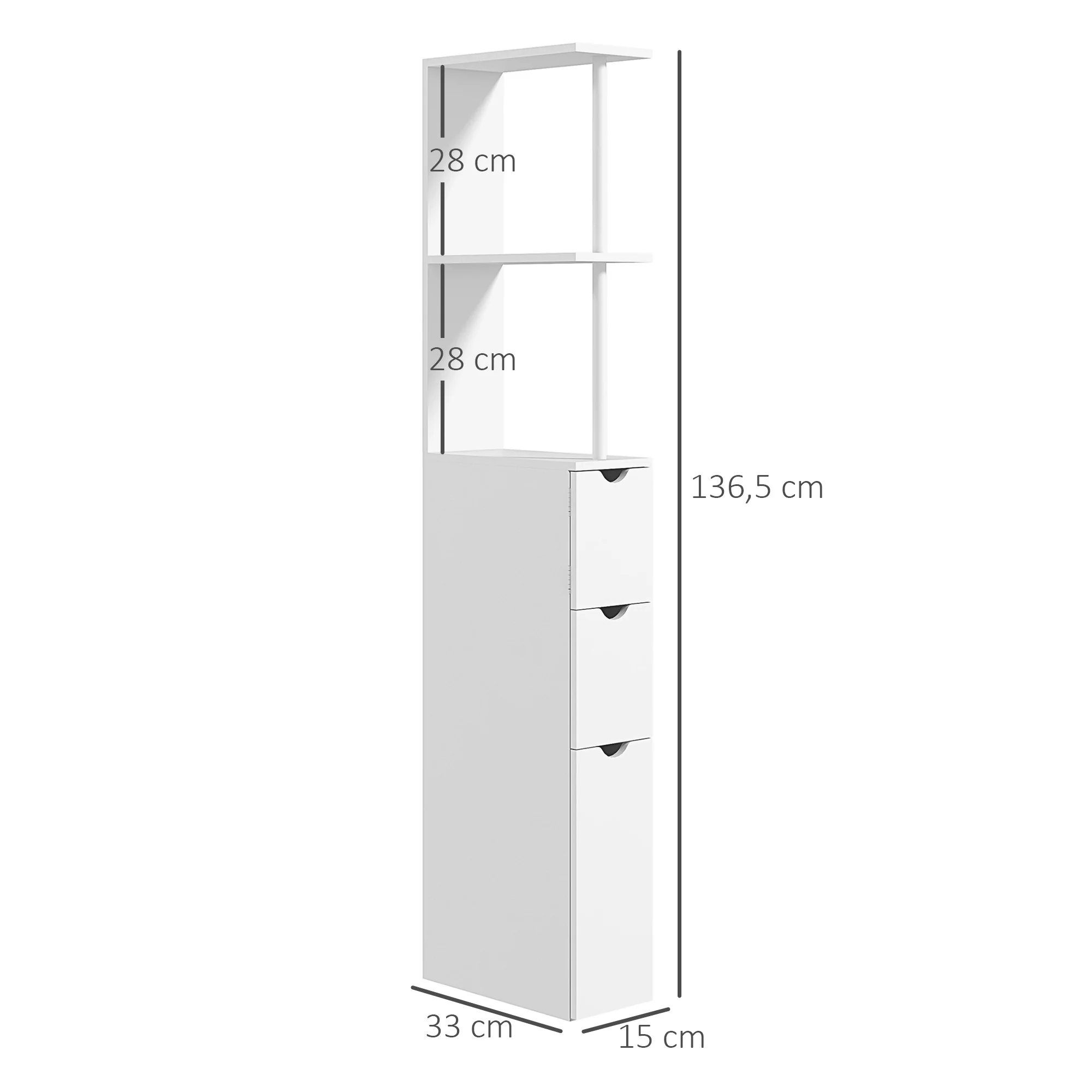 Meuble colonne salle de bain, armoire de salle de bain, avec tiroirs, étagères ouvertes, placard, 15 x 33 x 136,5 cm, blanc - Image 4