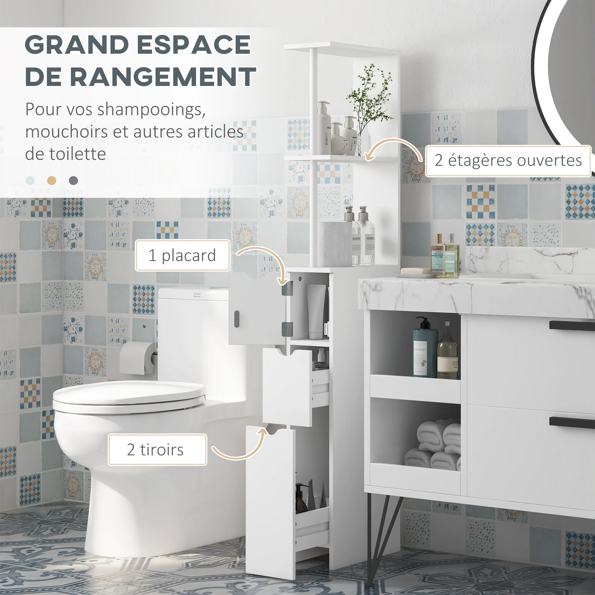 Meuble colonne salle de bain, armoire de salle de bain, avec tiroirs, étagères ouvertes, placard, 15 x 33 x 136,5 cm, blanc - Image 5
