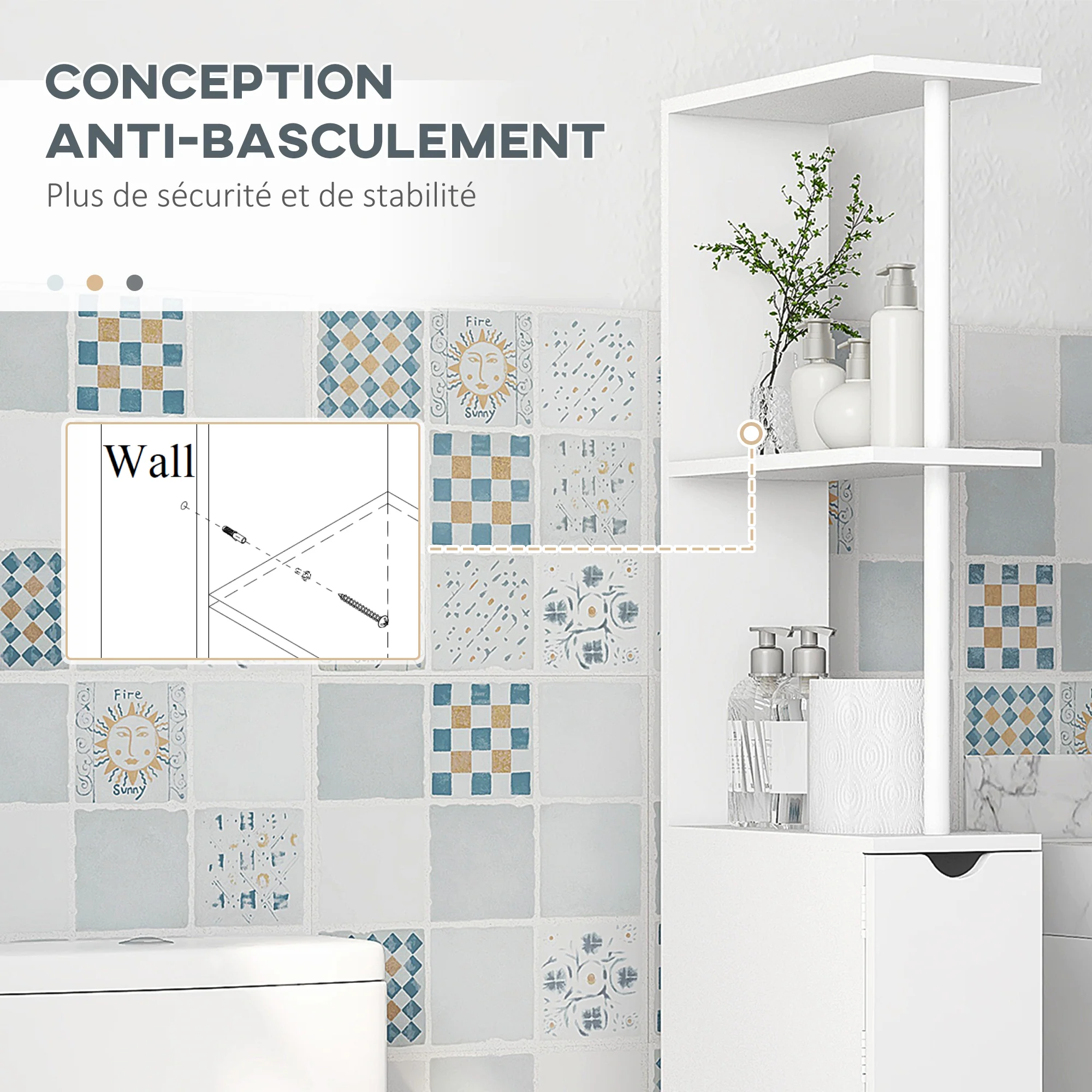 Meuble colonne salle de bain, armoire de salle de bain, avec tiroirs, étagères ouvertes, placard, 15 x 33 x 136,5 cm, blanc - Image 7
