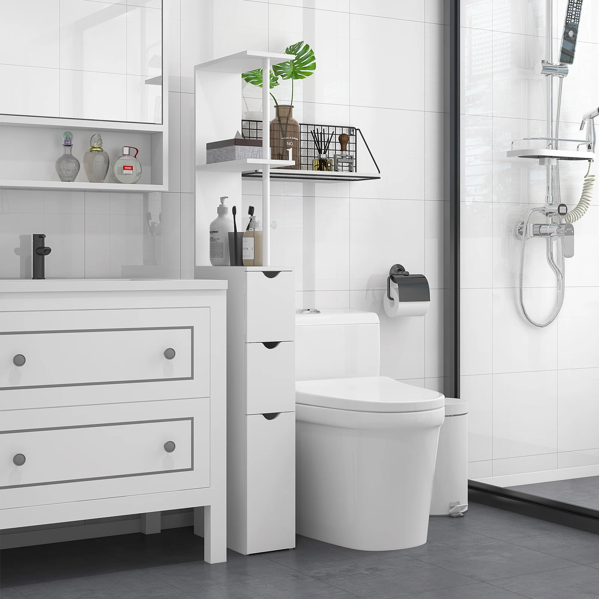 Meuble colonne salle de bain, armoire de salle de bain, avec tiroirs, étagères ouvertes, placard, 15 x 33 x 136,5 cm, blanc - Image 8