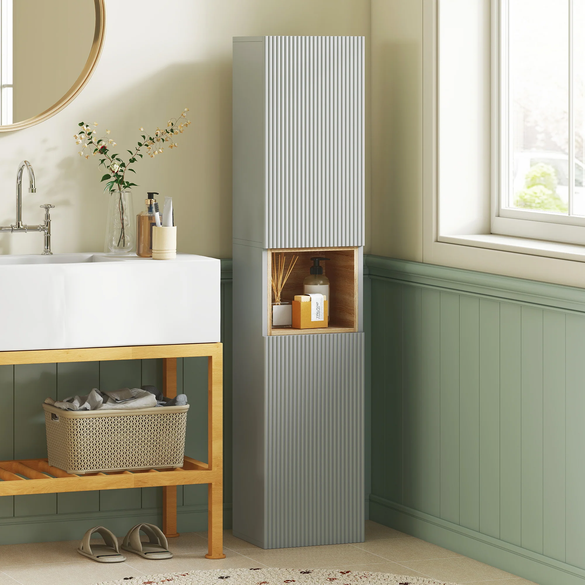 Meuble colonne salle de bain, meuble de rangement étroit avec 2 portes, compartiment ouvert et étagères réglables, pour toilette, petits espaces, 30 x 24 x 140 cm, vert - Image 3