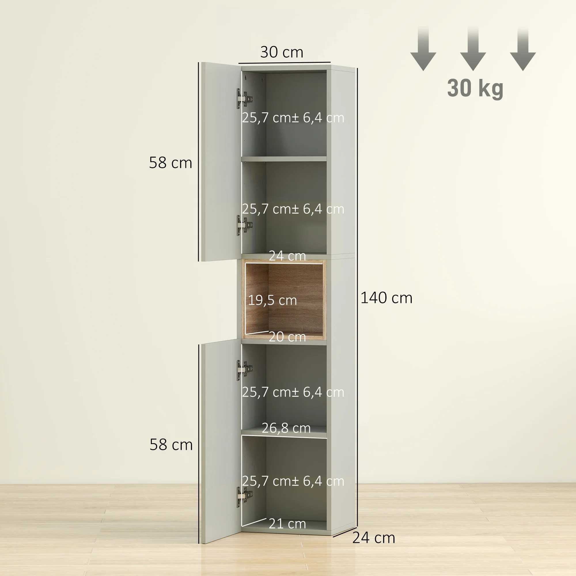 Meuble colonne salle de bain, meuble de rangement étroit avec 2 portes, compartiment ouvert et étagères réglables, pour toilette, petits espaces, 30 x 24 x 140 cm, vert - Image 4