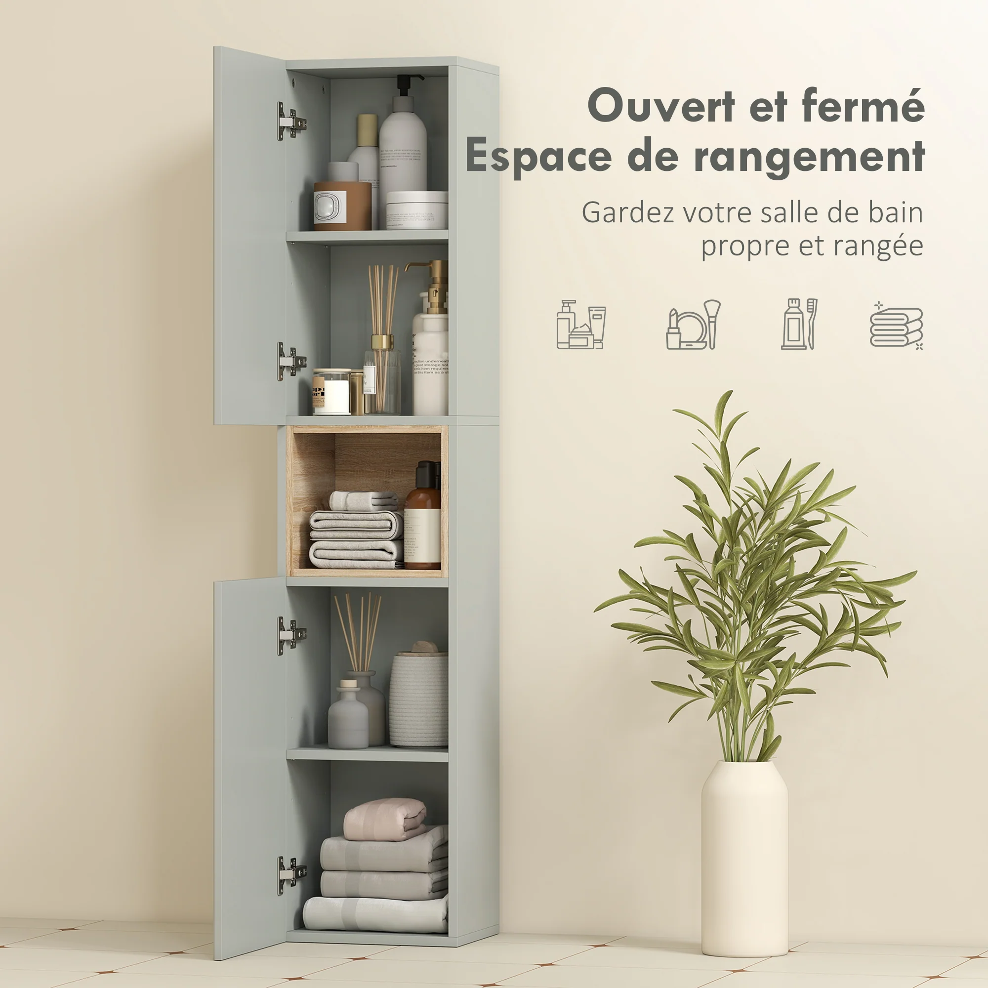 Meuble colonne salle de bain, meuble de rangement étroit avec 2 portes, compartiment ouvert et étagères réglables, pour toilette, petits espaces, 30 x 24 x 140 cm, vert - Image 5