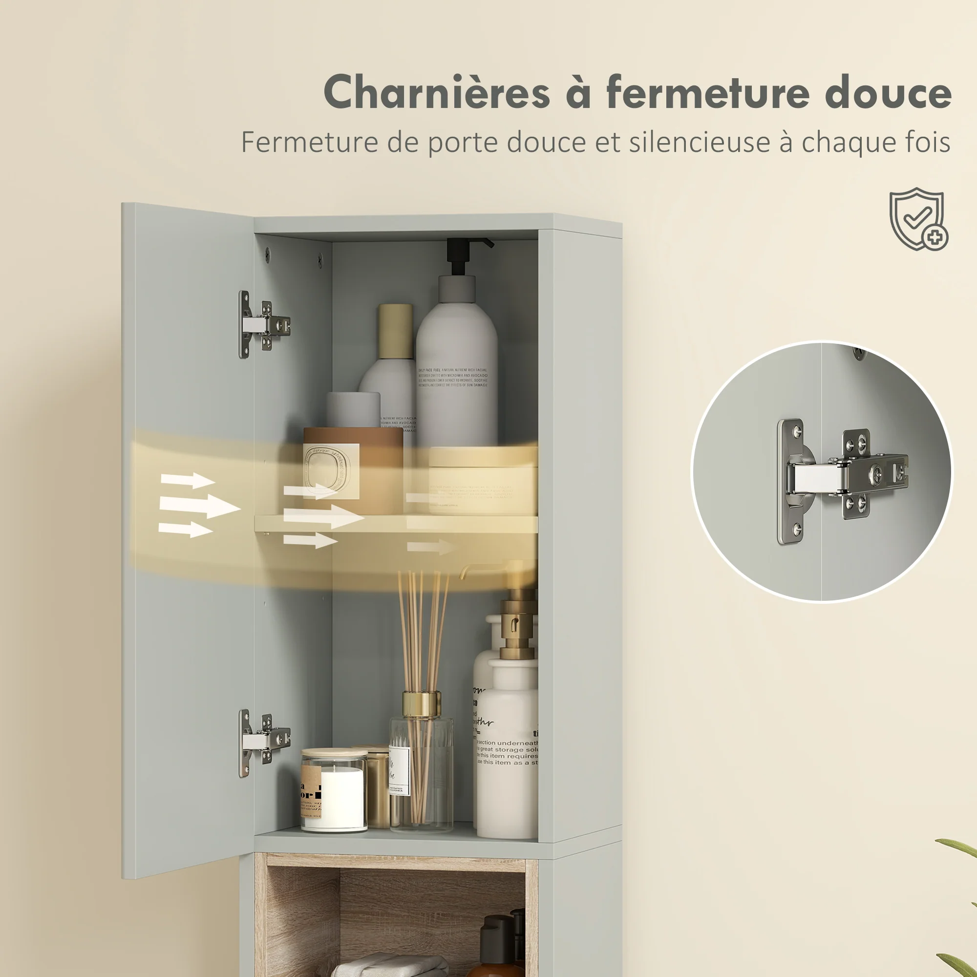 Meuble colonne salle de bain, meuble de rangement étroit avec 2 portes, compartiment ouvert et étagères réglables, pour toilette, petits espaces, 30 x 24 x 140 cm, vert - Image 7