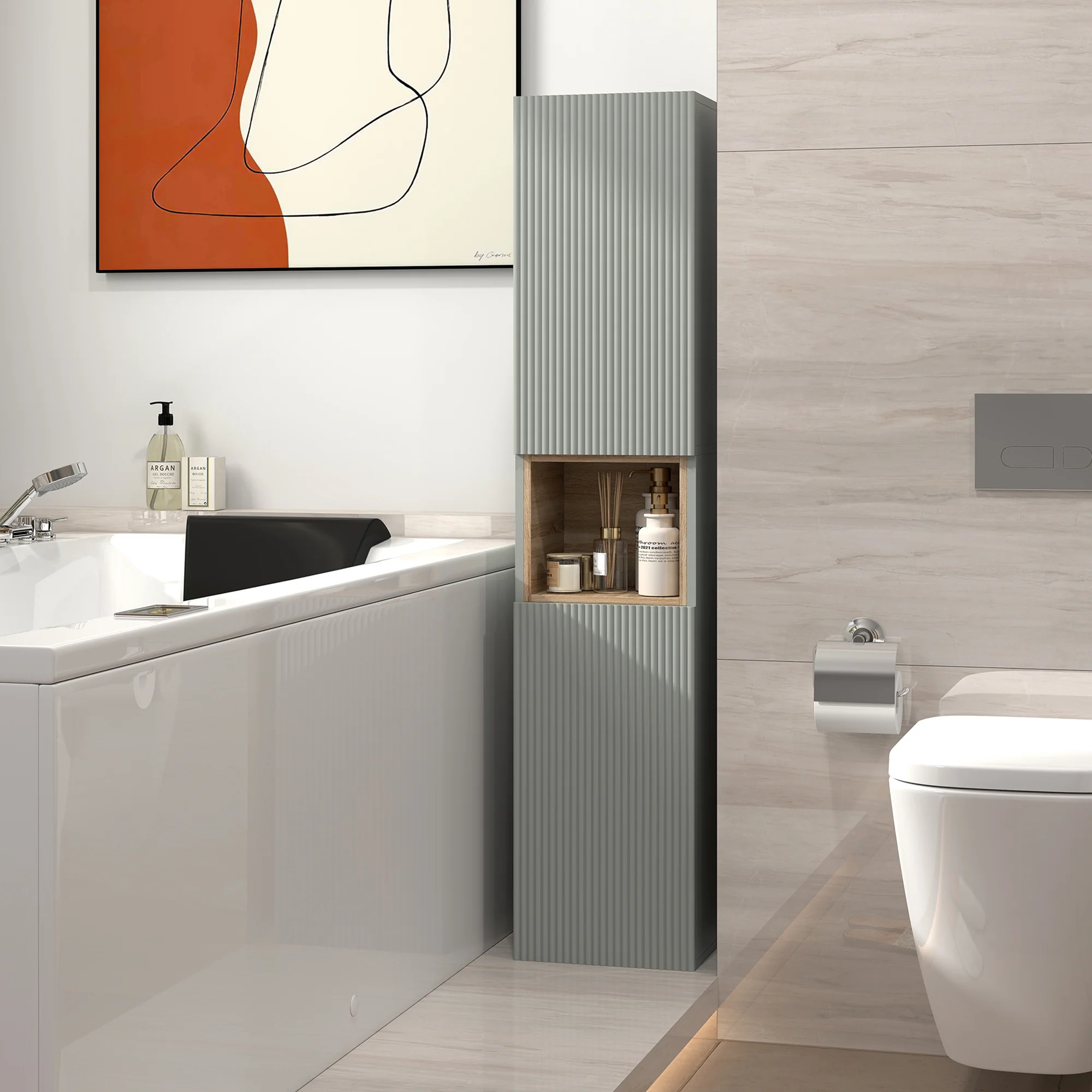 Meuble colonne salle de bain, meuble de rangement étroit avec 2 portes, compartiment ouvert et étagères réglables, pour toilette, petits espaces, 30 x 24 x 140 cm, vert - Image 9
