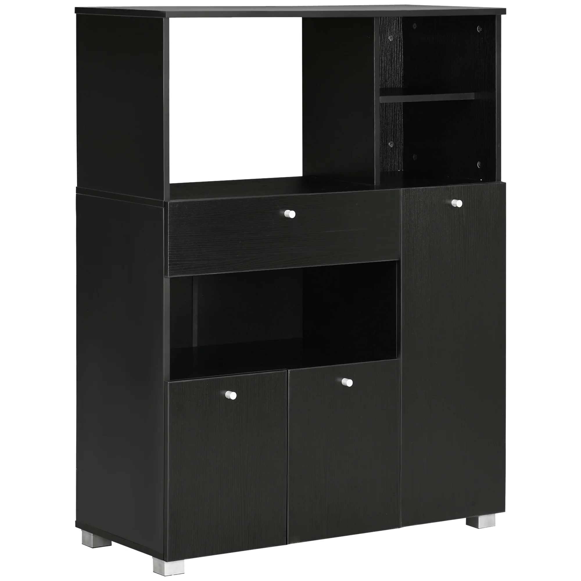 Meuble de micro-onde armoire cuisine meuble de rangement multi-rangements buffet avec 2 placards 4 niches tiroir coulissant dim. 90L x 40l x 120H cm en bois noir - Image 2