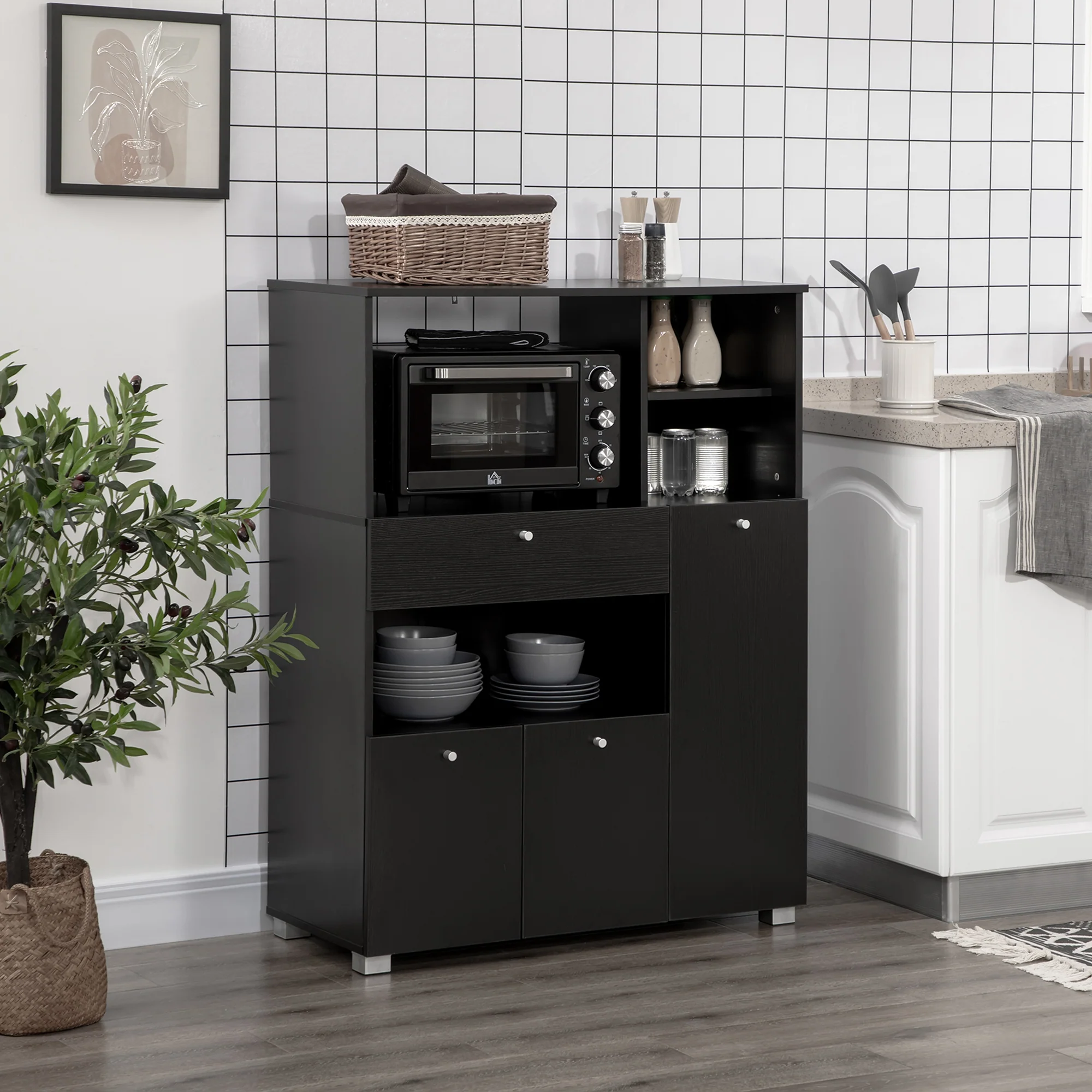 Meuble de micro-onde armoire cuisine meuble de rangement multi-rangements buffet avec 2 placards 4 niches tiroir coulissant dim. 90L x 40l x 120H cm en bois noir - Image 3