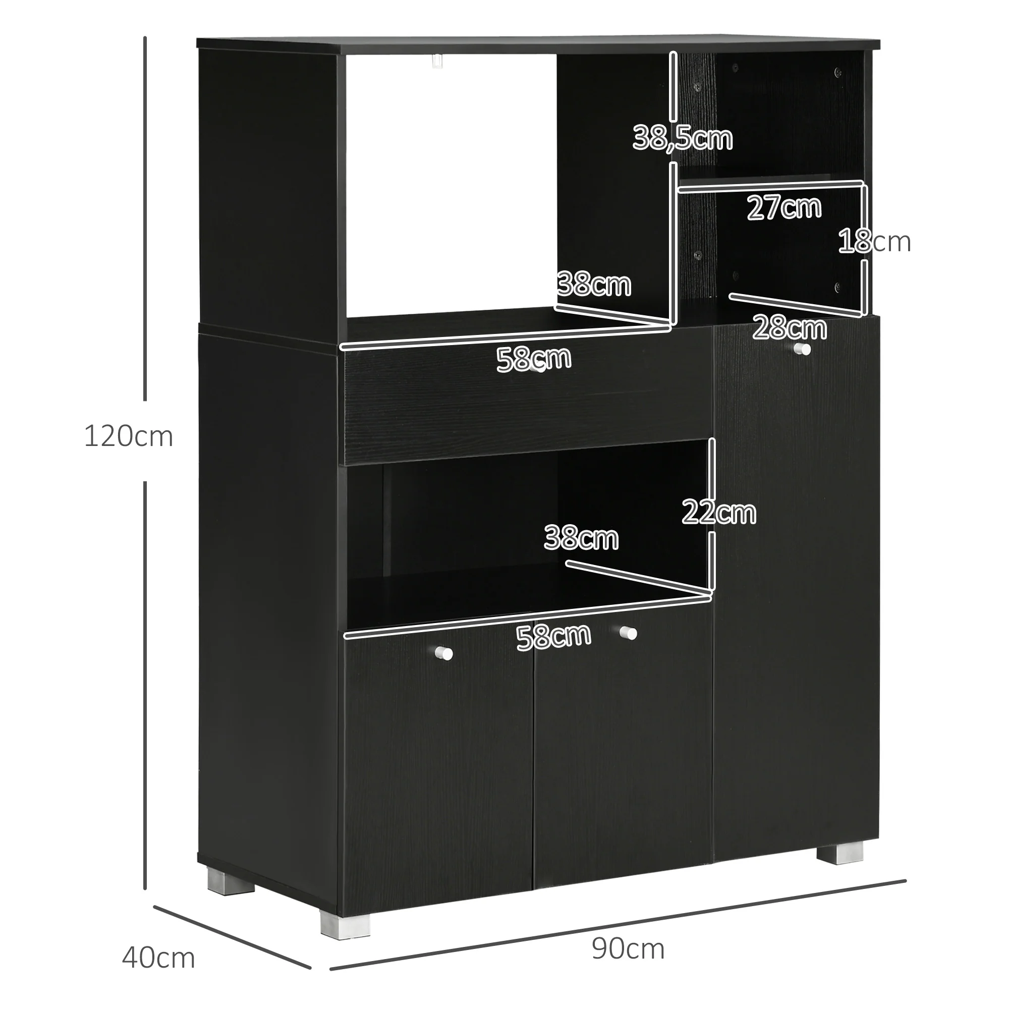 Meuble de micro-onde armoire cuisine meuble de rangement multi-rangements buffet avec 2 placards 4 niches tiroir coulissant dim. 90L x 40l x 120H cm en bois noir - Image 4