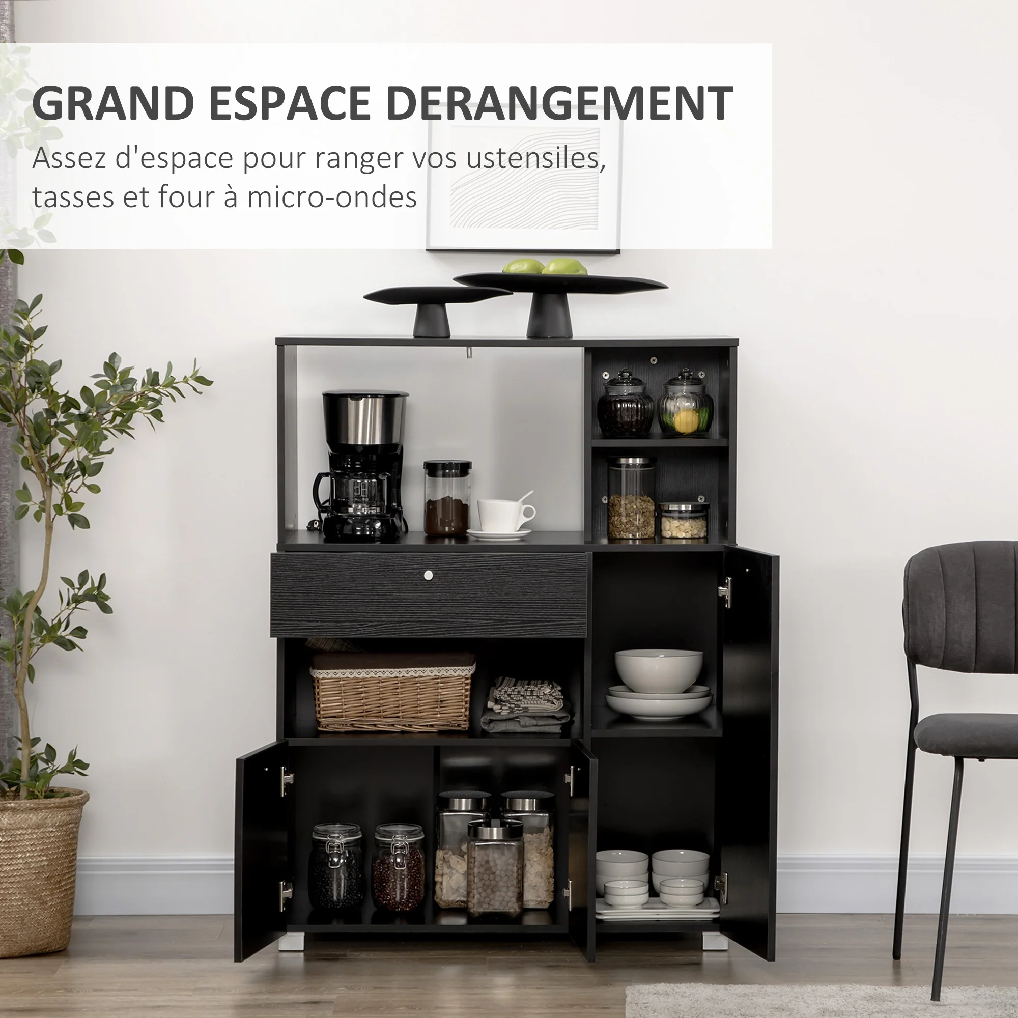 Meuble de micro-onde armoire cuisine meuble de rangement multi-rangements buffet avec 2 placards 4 niches tiroir coulissant dim. 90L x 40l x 120H cm en bois noir - Image 5