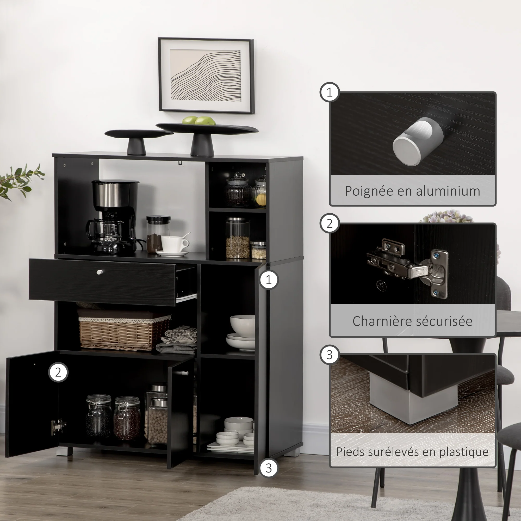 Meuble de micro-onde armoire cuisine meuble de rangement multi-rangements buffet avec 2 placards 4 niches tiroir coulissant dim. 90L x 40l x 120H cm en bois noir - Image 7
