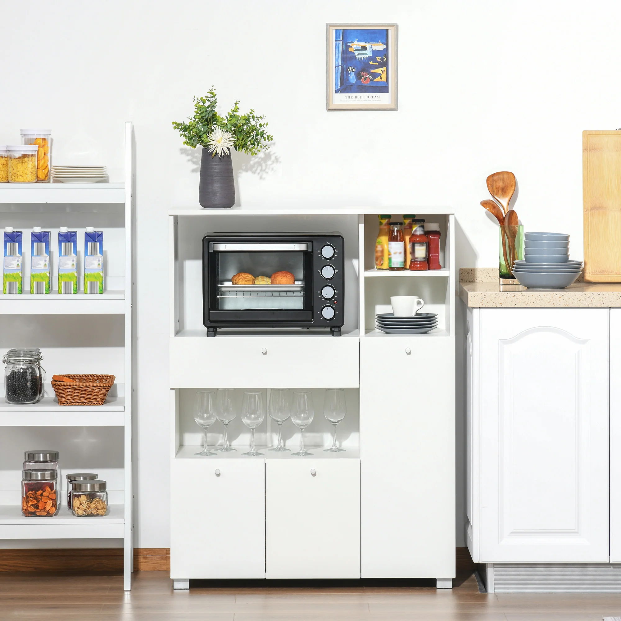 Meuble de micro-onde armoire cuisine meuble de rangement multi-rangements buffet avec 2 placards 4 niches tiroir coulissant dim. 90L x 40l x 120H cm en bois blanc - Image 3