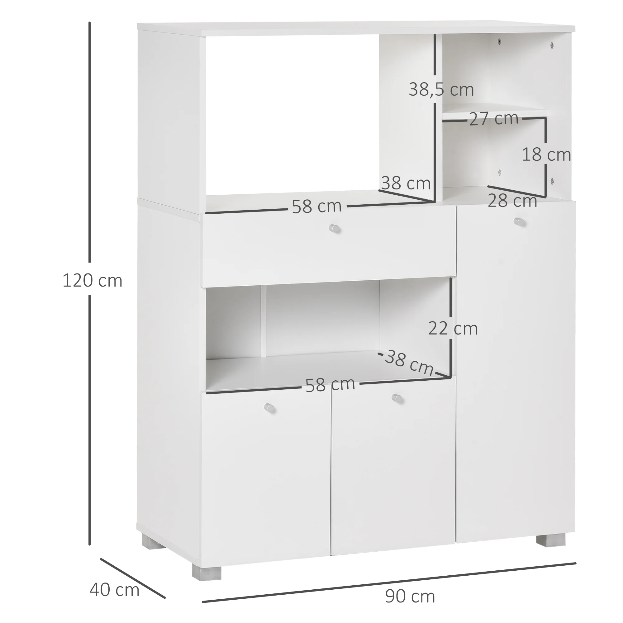 Meuble de micro-onde armoire cuisine meuble de rangement multi-rangements buffet avec 2 placards 4 niches tiroir coulissant dim. 90L x 40l x 120H cm en bois blanc - Image 4