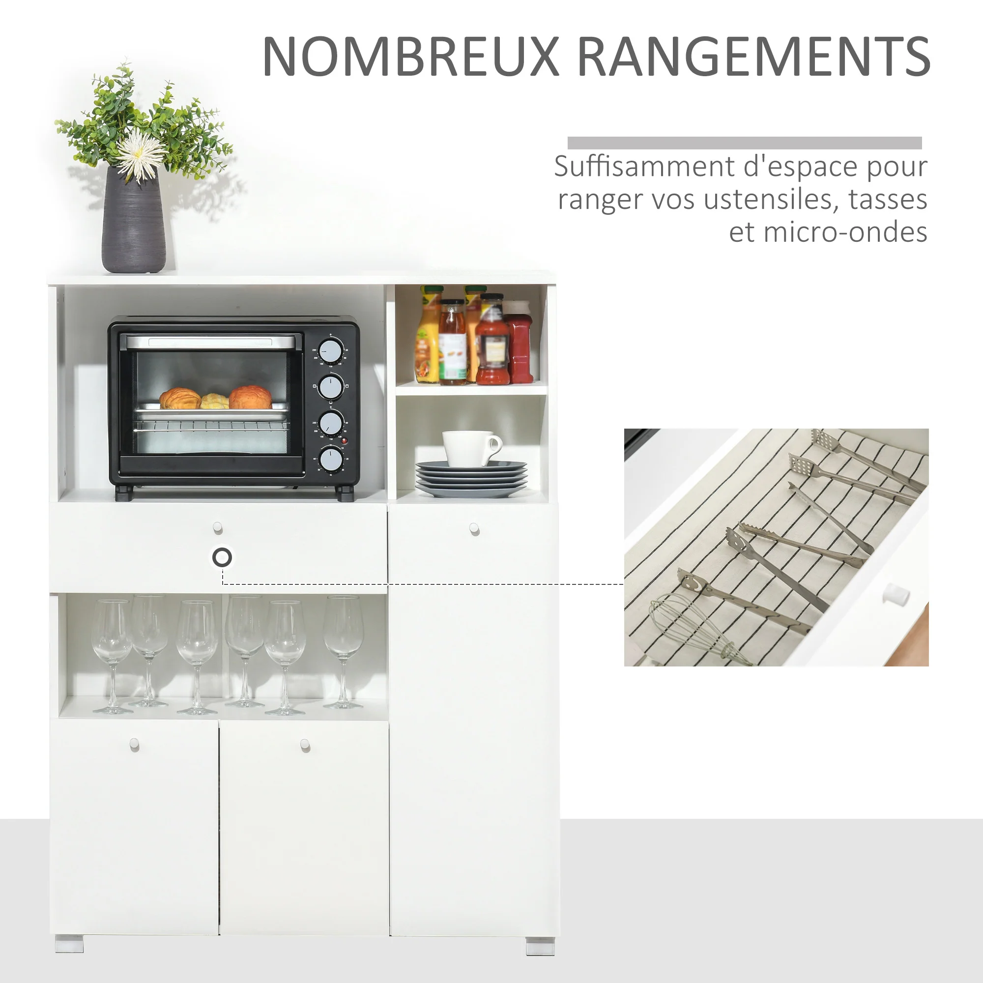 Meuble de micro-onde armoire cuisine meuble de rangement multi-rangements buffet avec 2 placards 4 niches tiroir coulissant dim. 90L x 40l x 120H cm en bois blanc - Image 5