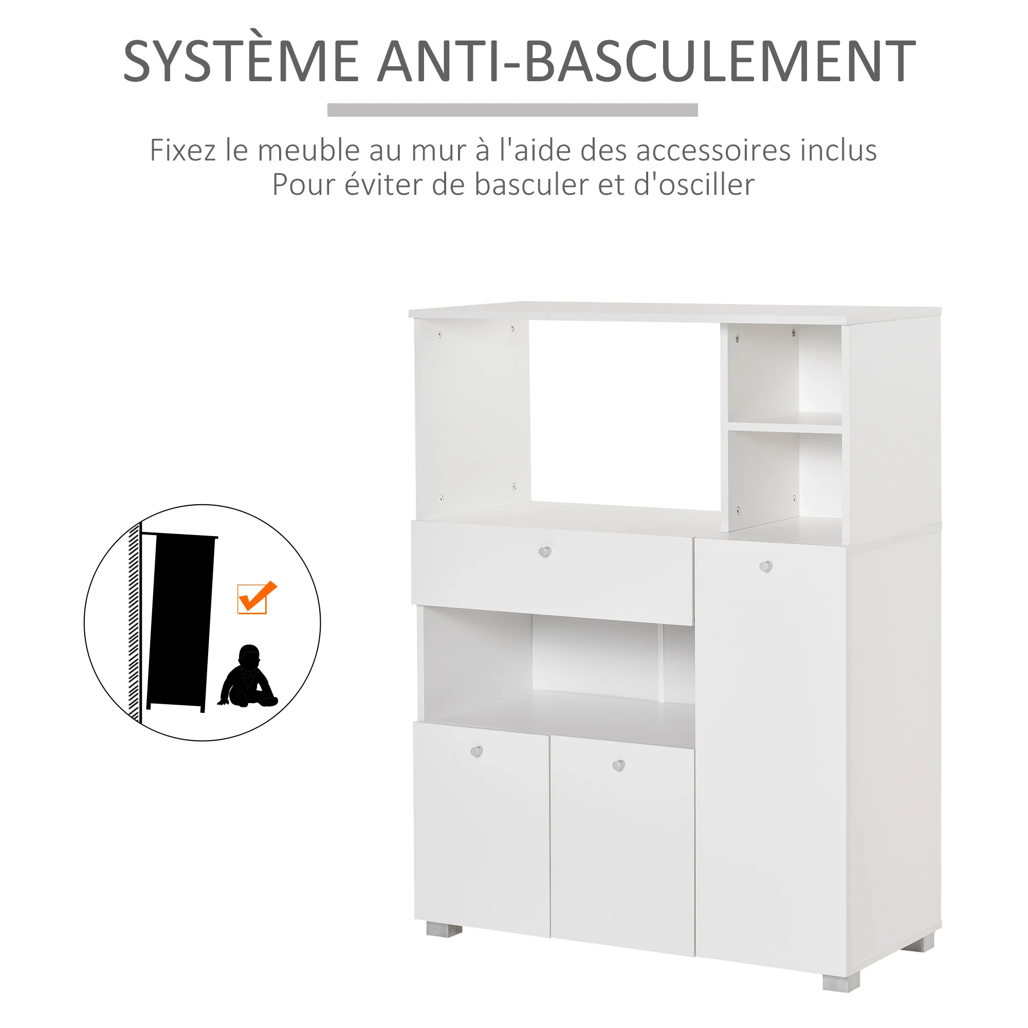 Meuble de micro-onde armoire cuisine meuble de rangement multi-rangements buffet avec 2 placards 4 niches tiroir coulissant dim. 90L x 40l x 120H cm en bois blanc - Image 6