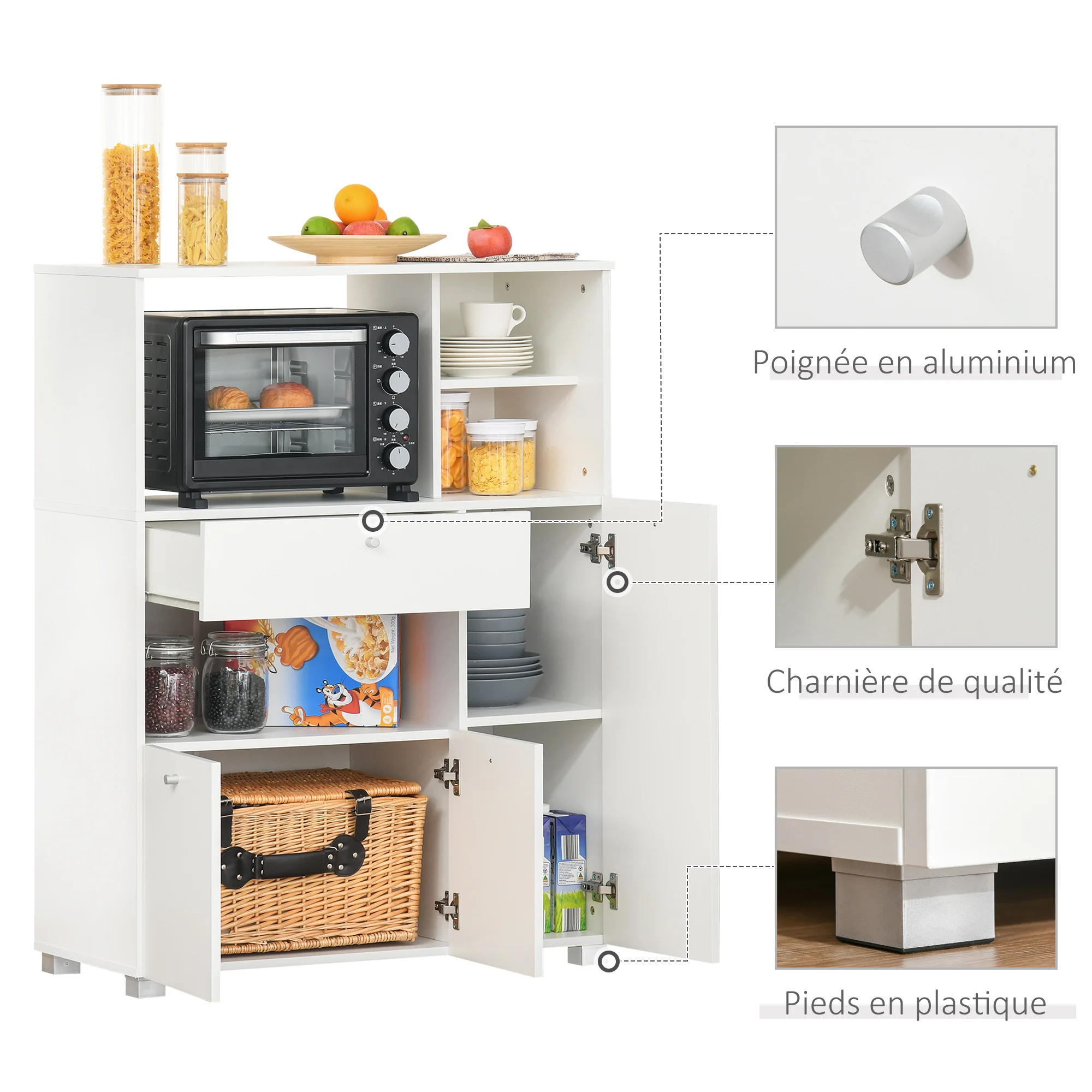 Meuble de micro-onde armoire cuisine meuble de rangement multi-rangements buffet avec 2 placards 4 niches tiroir coulissant dim. 90L x 40l x 120H cm en bois blanc - Image 7