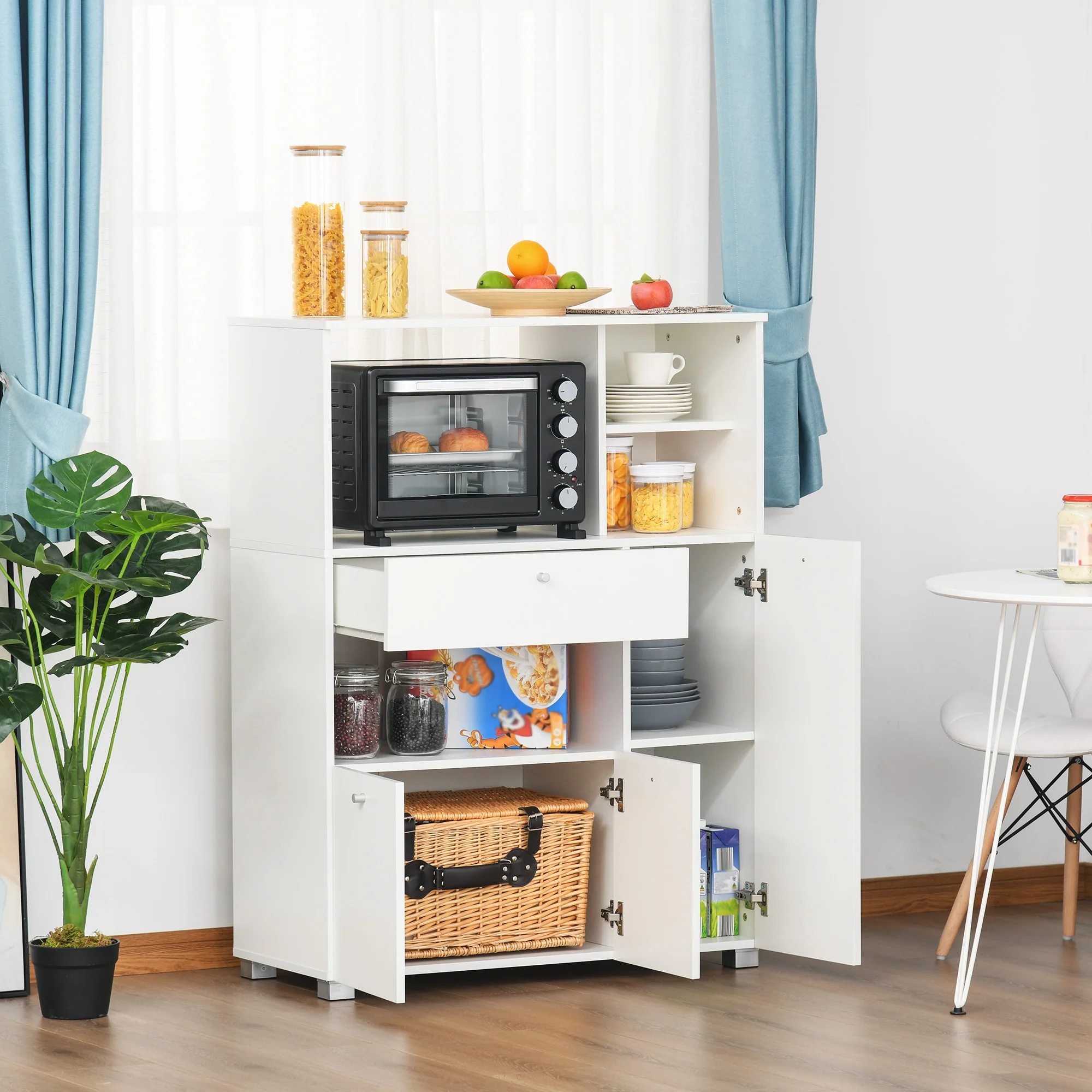 Meuble de micro-onde armoire cuisine meuble de rangement multi-rangements buffet avec 2 placards 4 niches tiroir coulissant dim. 90L x 40l x 120H cm en bois blanc - Image 8
