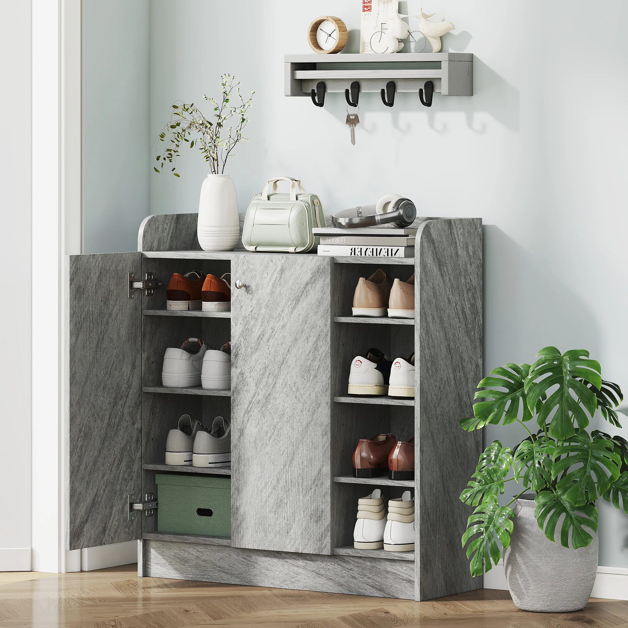 Meuble de rangement à chaussures pour entrée 12 paires - armoire à chaussures avec 4 compartiments ouverts et placard double porte - étagère réglable - 83L x 30l x 90H cm - gris - Image 3