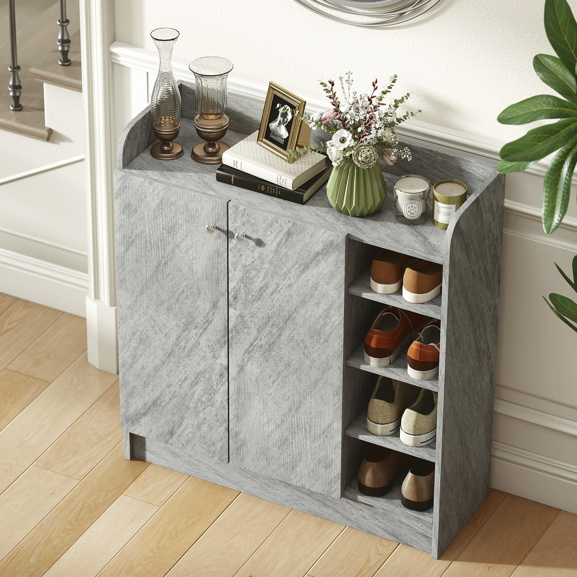 Meuble de rangement à chaussures pour entrée 12 paires - armoire à chaussures avec 4 compartiments ouverts et placard double porte - étagère réglable - 83L x 30l x 90H cm - gris - Image 9
