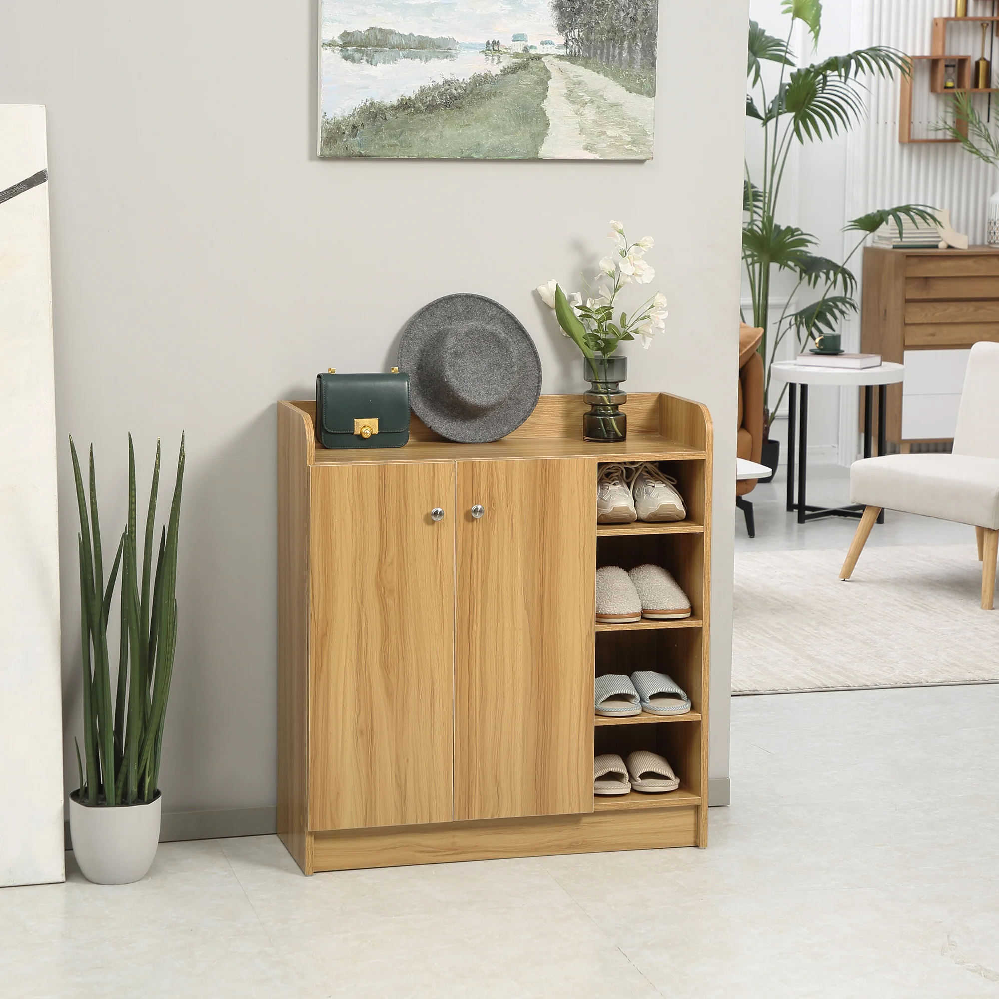 Meuble de rangement à chaussures pour entrée 12 paires - armoire à chaussures avec 4 compartiments ouverts et placard double porte - étagère réglable - 83L x 30l x 90H cm - marron - Image 3