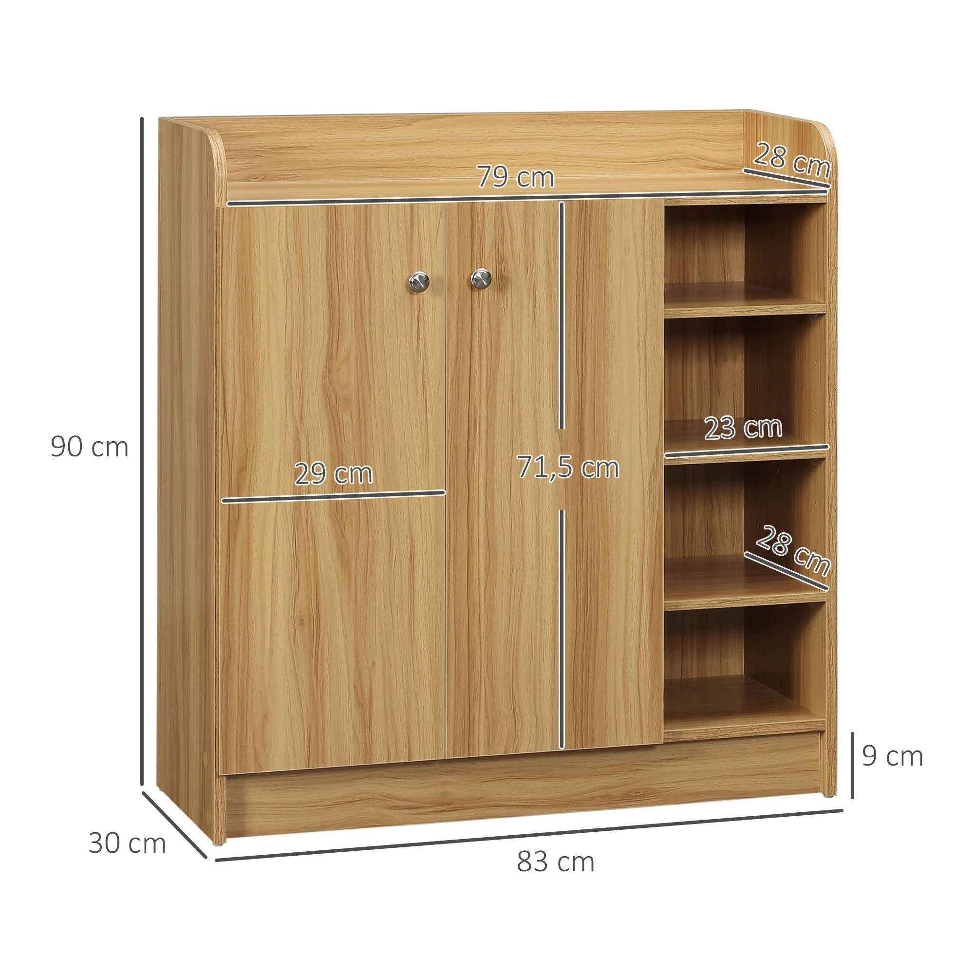 Meuble de rangement à chaussures pour entrée 12 paires - armoire à chaussures avec 4 compartiments ouverts et placard double porte - étagère réglable - 83L x 30l x 90H cm - marron - Image 4