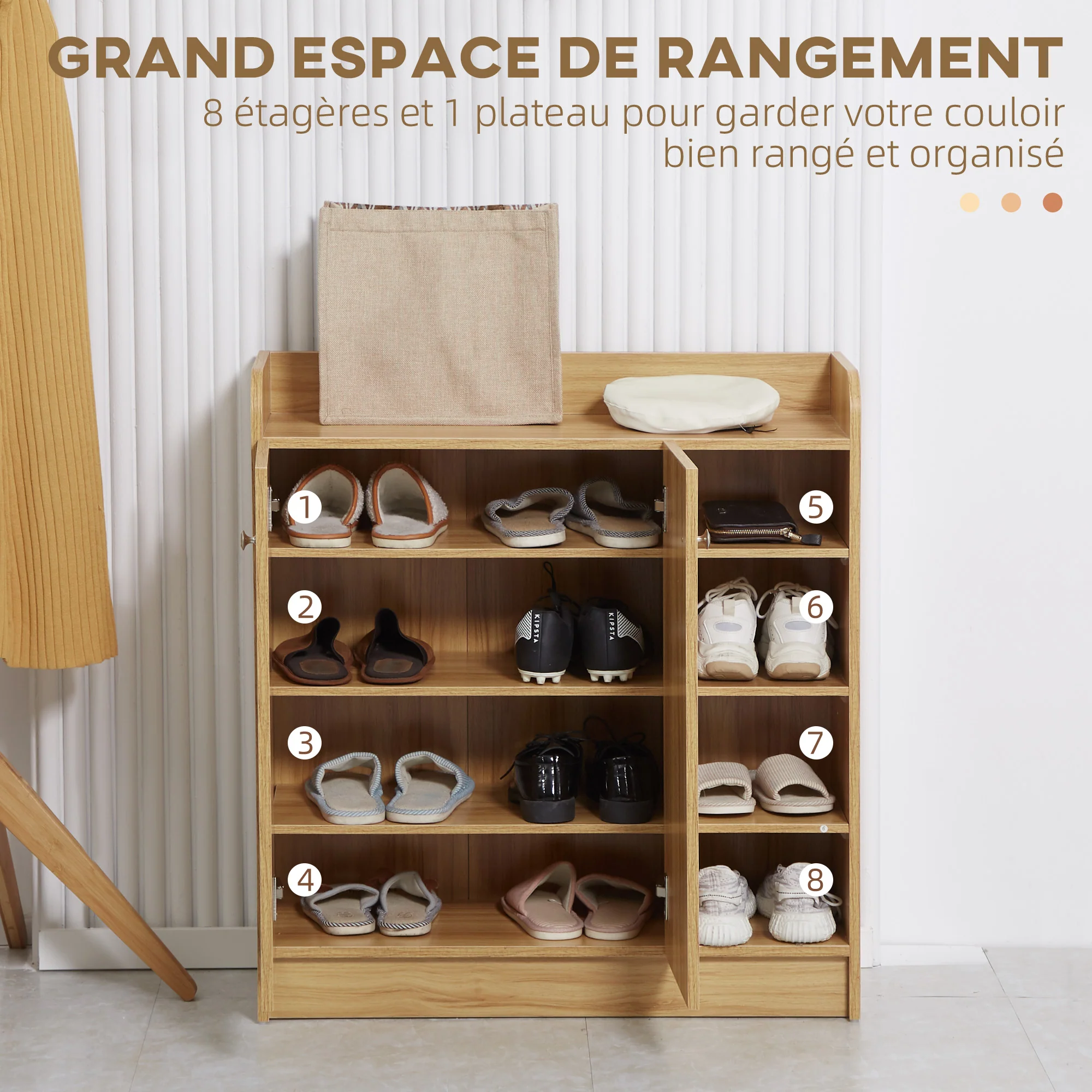Meuble de rangement à chaussures pour entrée 12 paires - armoire à chaussures avec 4 compartiments ouverts et placard double porte - étagère réglable - 83L x 30l x 90H cm - marron - Image 5