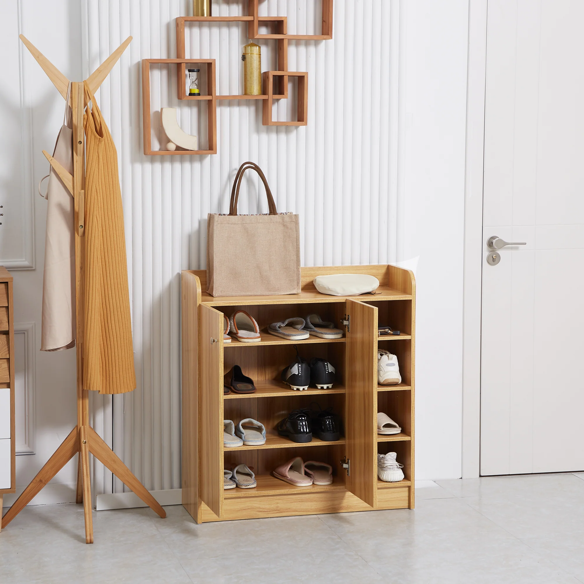 Meuble de rangement à chaussures pour entrée 12 paires - armoire à chaussures avec 4 compartiments ouverts et placard double porte - étagère réglable - 83L x 30l x 90H cm - marron - Image 8