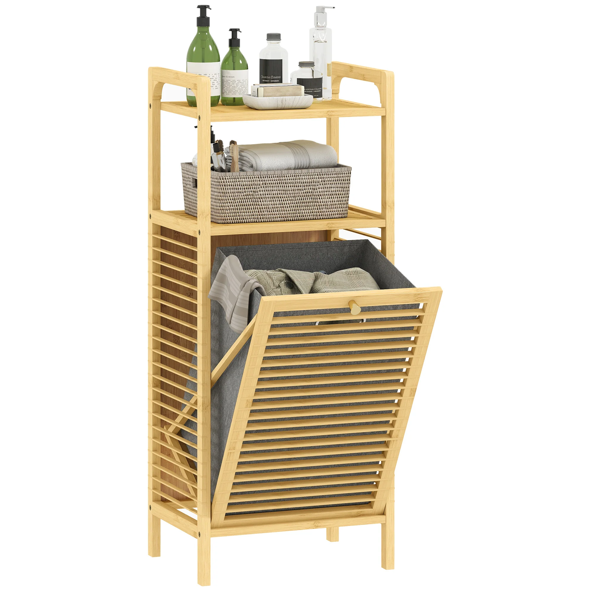 Meuble de rangement à linge en bambou, meuble de salle de bain avec étagère, panier à linge basculant, porte à lattes et sac de rangement amovible, 40 x 30 x 95 cm, effet bois naturel - Image 11