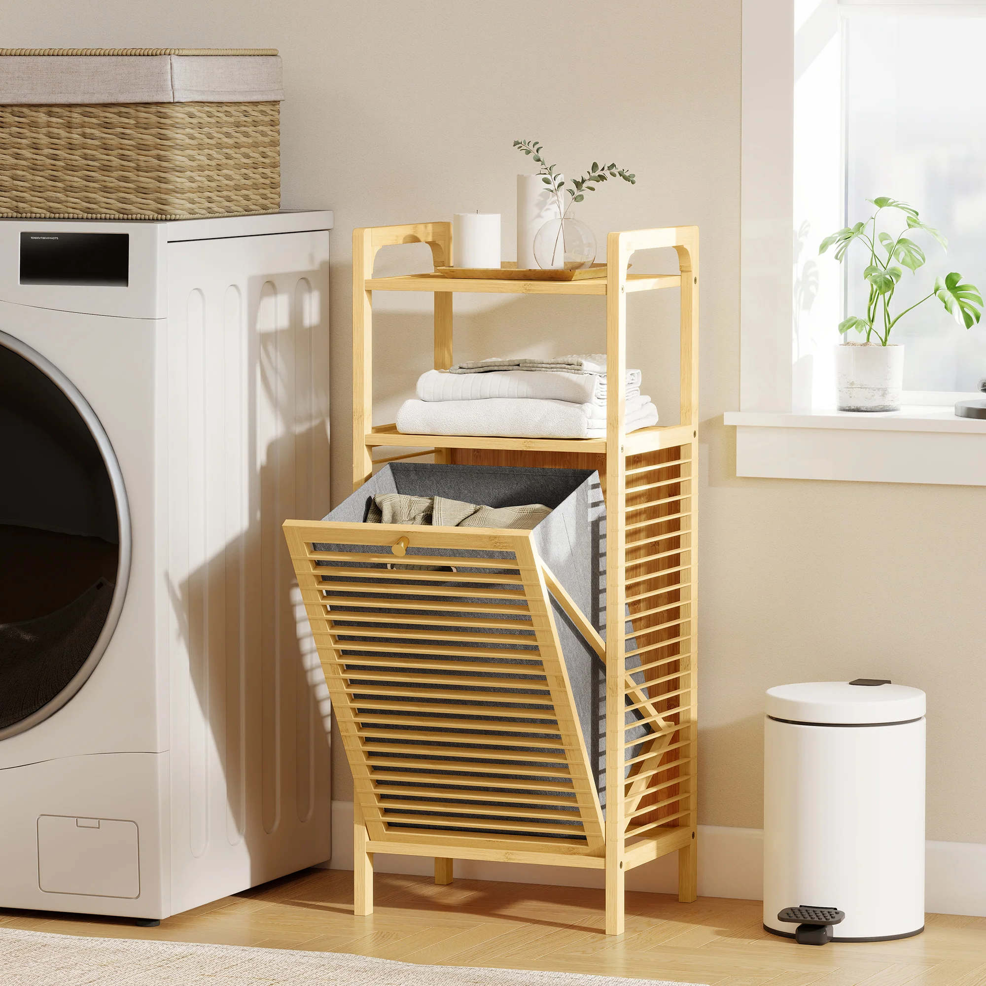 Meuble de rangement à linge en bambou, meuble de salle de bain avec étagère, panier à linge basculant, porte à lattes et sac de rangement amovible, 40 x 30 x 95 cm, effet bois naturel - Image 3