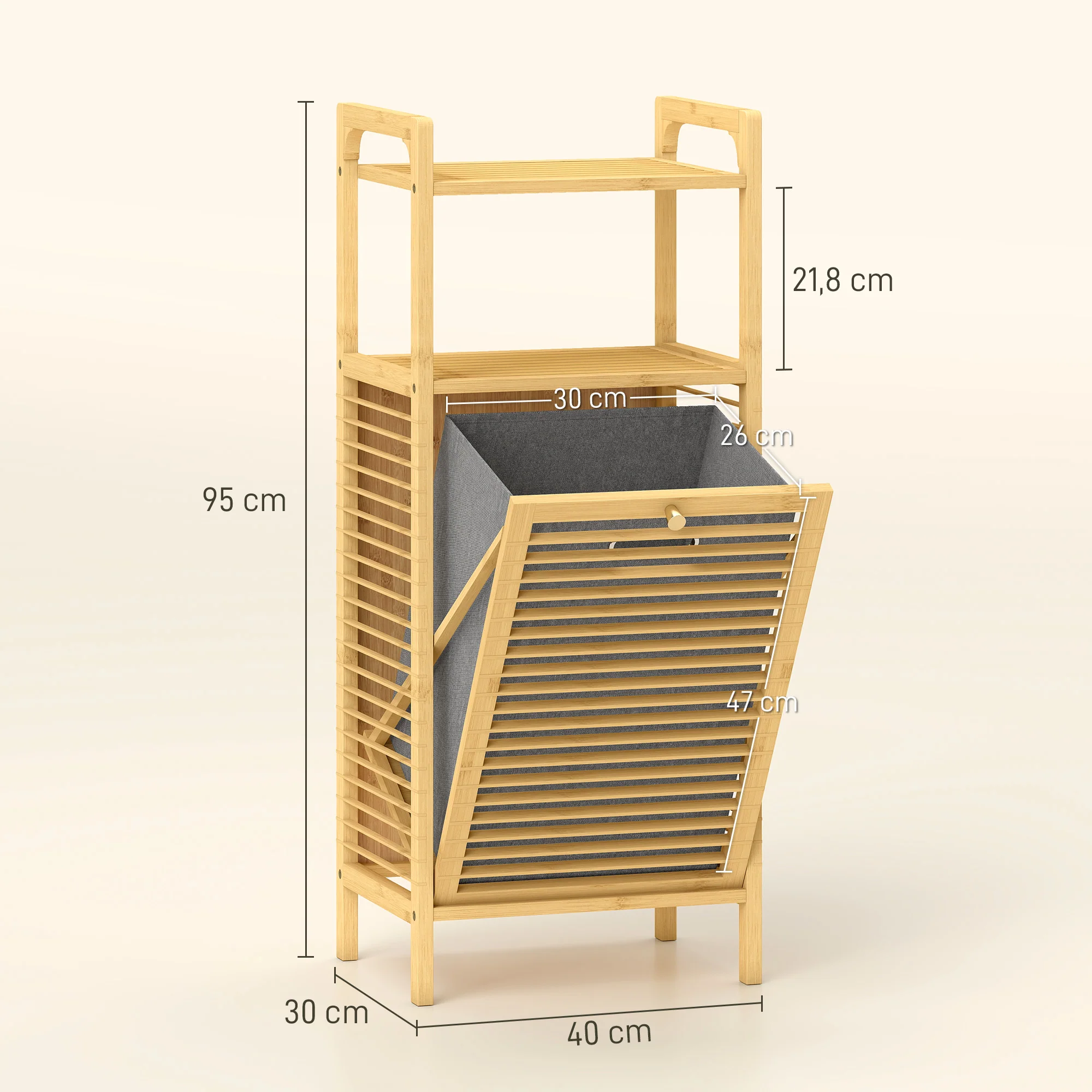 Meuble de rangement à linge en bambou, meuble de salle de bain avec étagère, panier à linge basculant, porte à lattes et sac de rangement amovible, 40 x 30 x 95 cm, effet bois naturel - Image 4