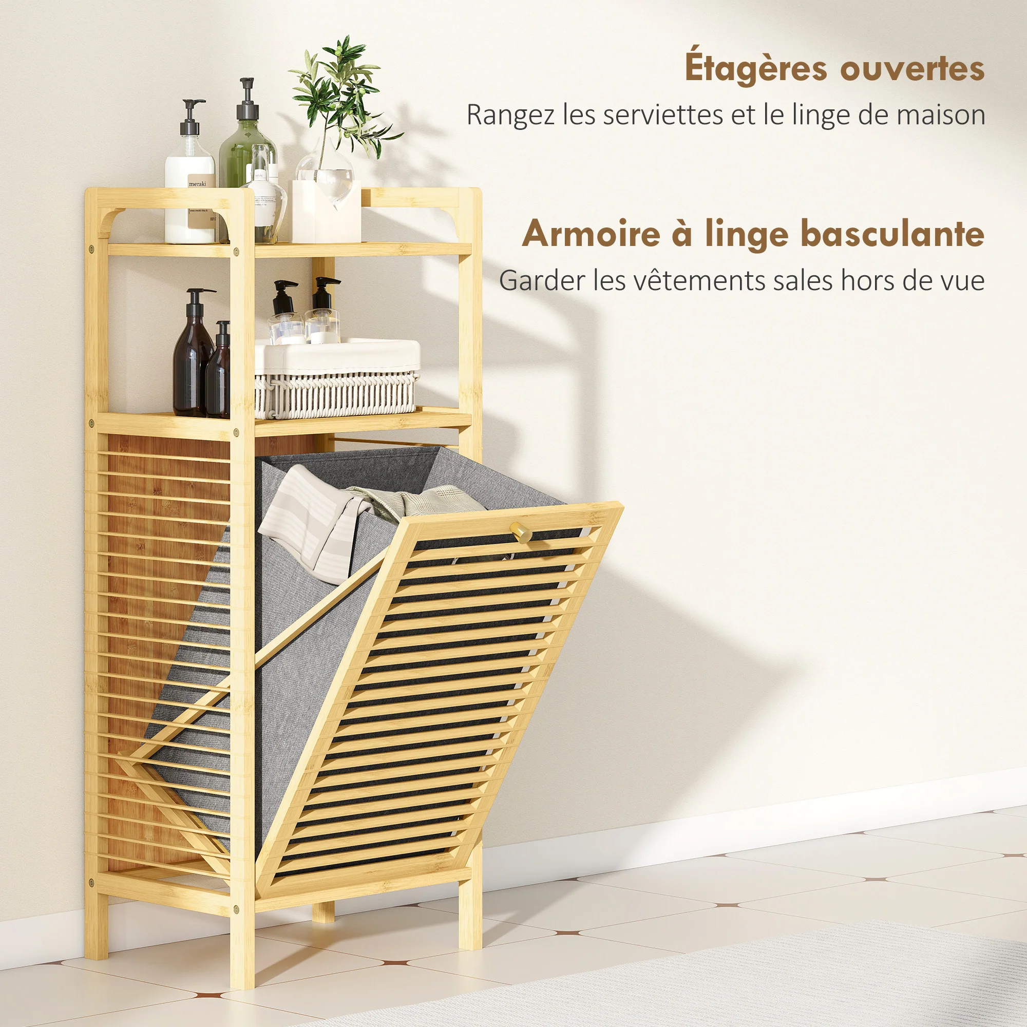 Meuble de rangement à linge en bambou, meuble de salle de bain avec étagère, panier à linge basculant, porte à lattes et sac de rangement amovible, 40 x 30 x 95 cm, effet bois naturel - Image 5